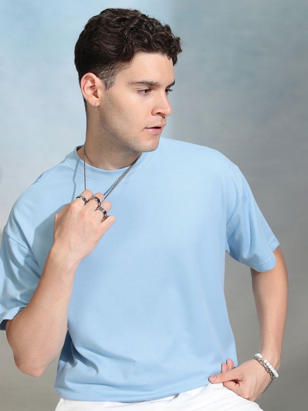 

HIGHLANDER Men Solid Round Neck Cotton Oversized Sports T-Shirt, Blue