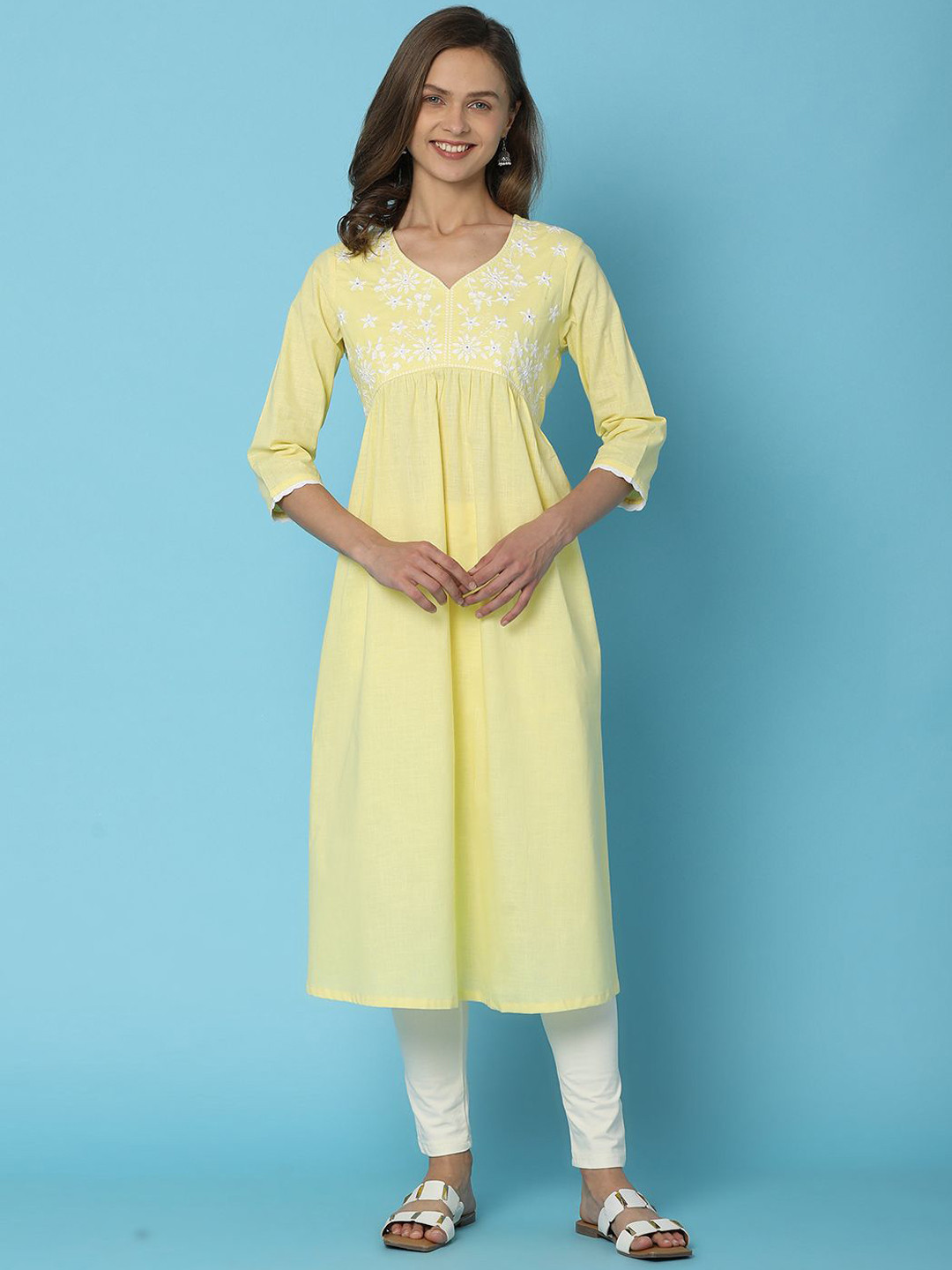 

V-Mart Floral Embroidered Thread Work V-Neck Cotton Anarkali Kurta, Yellow
