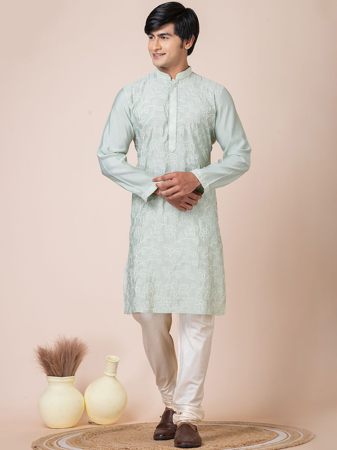 

HU - Handcrafted Uniquely Floral Embroidered Thread Work Chanderi Silk Kurta with Churidar, Turquoise blue