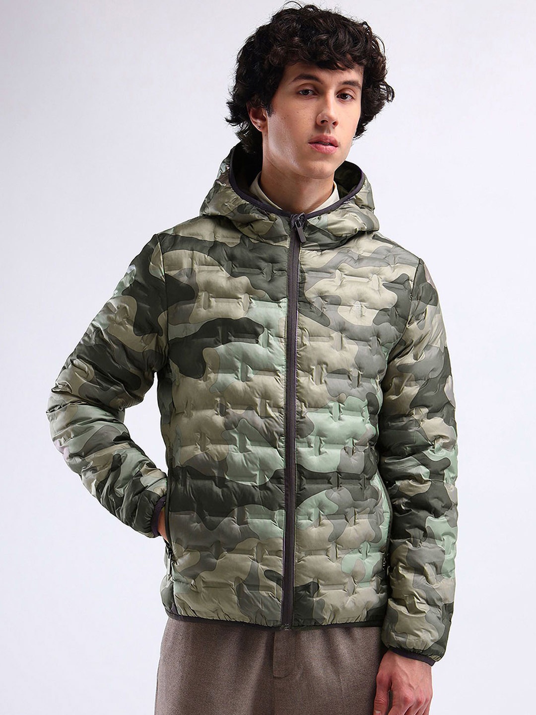 

Flying Machine Men Camouflage Checked Longline Quilted Jacket, Green