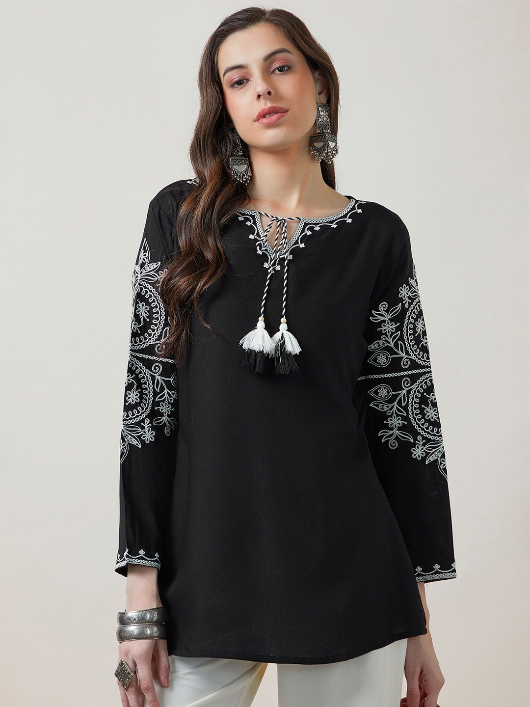 

Soch Embroidered Tie-Up Neck Tunic, Black