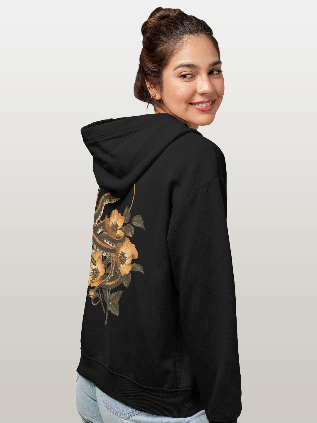 

macmerise Women Printed Hooded Sweatshirt, Black