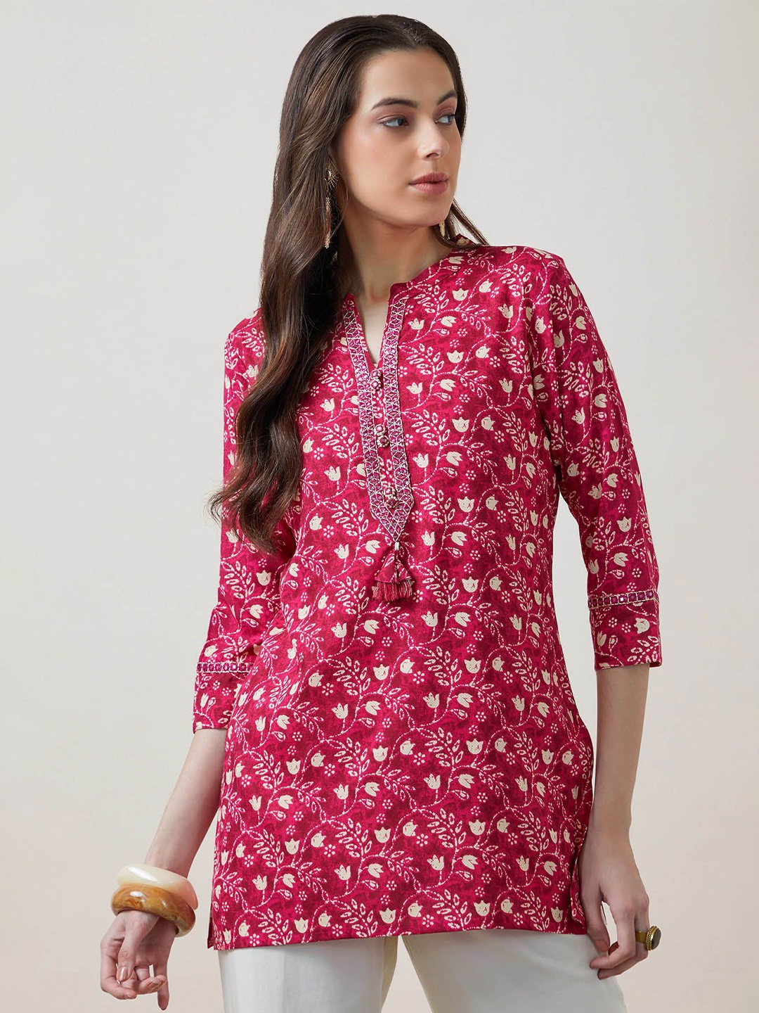 

Soch Floral Printed Mandarin Collar Tunic, Pink
