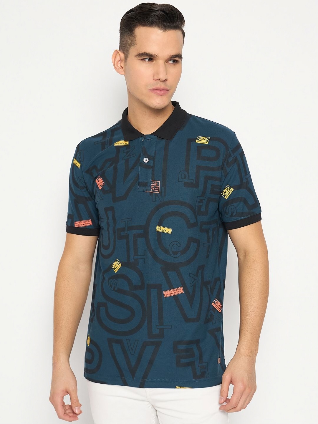 

Duke Men Graphic Printed Polo Collar Cotton Slim Fit T-shirt, Blue