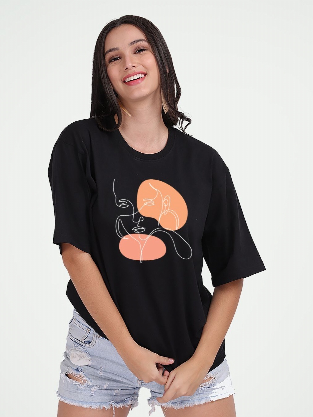 

Mad Over Print Women Graphic Printed Round Neck Cotton Oversized T-shirt, Black