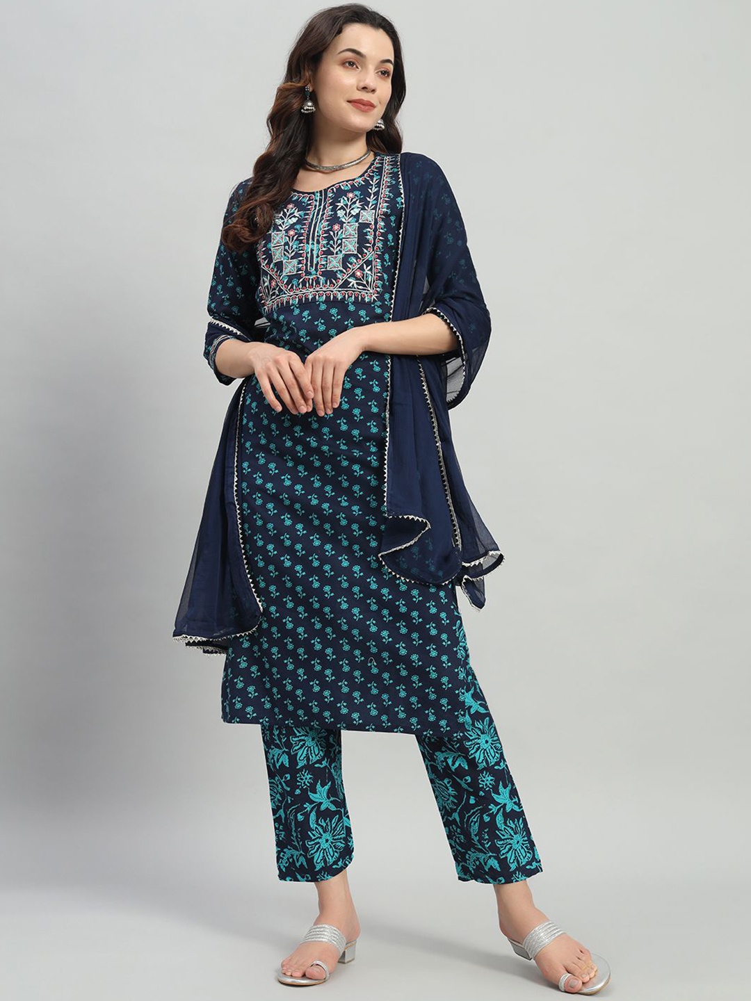 

ASHRU Floral Printed Thread Work Straight Kurta With Trouser & Dupatta, Navy blue