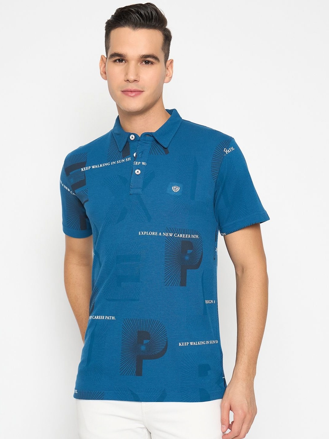 

Duke Men Graphic Printed Polo Collar Cotton Slim Fit T-shirt, Blue