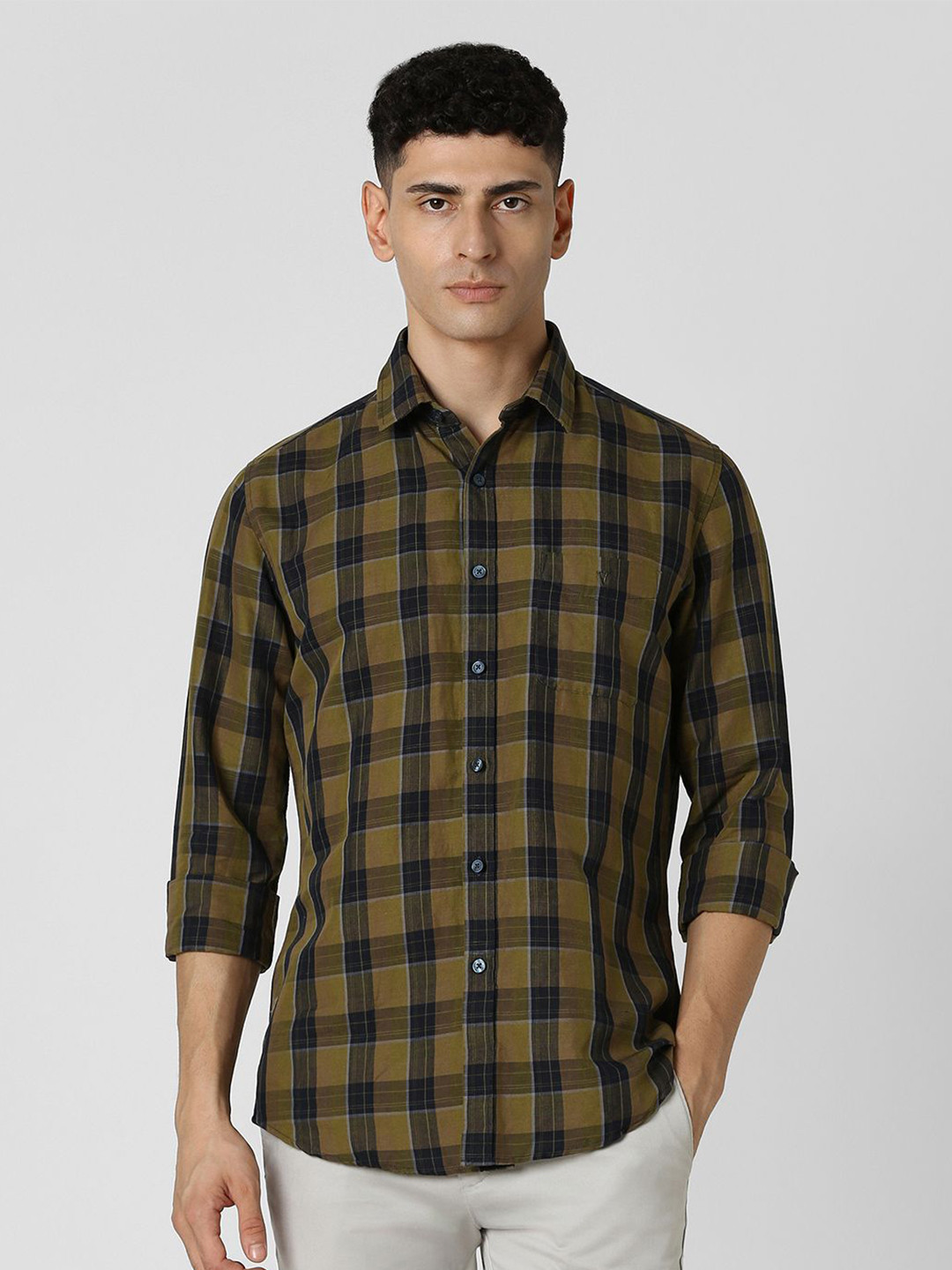 

Van Heusen Sport Men Spread Collar Tartan Checked Slim Fit Casual Shirt, Olive