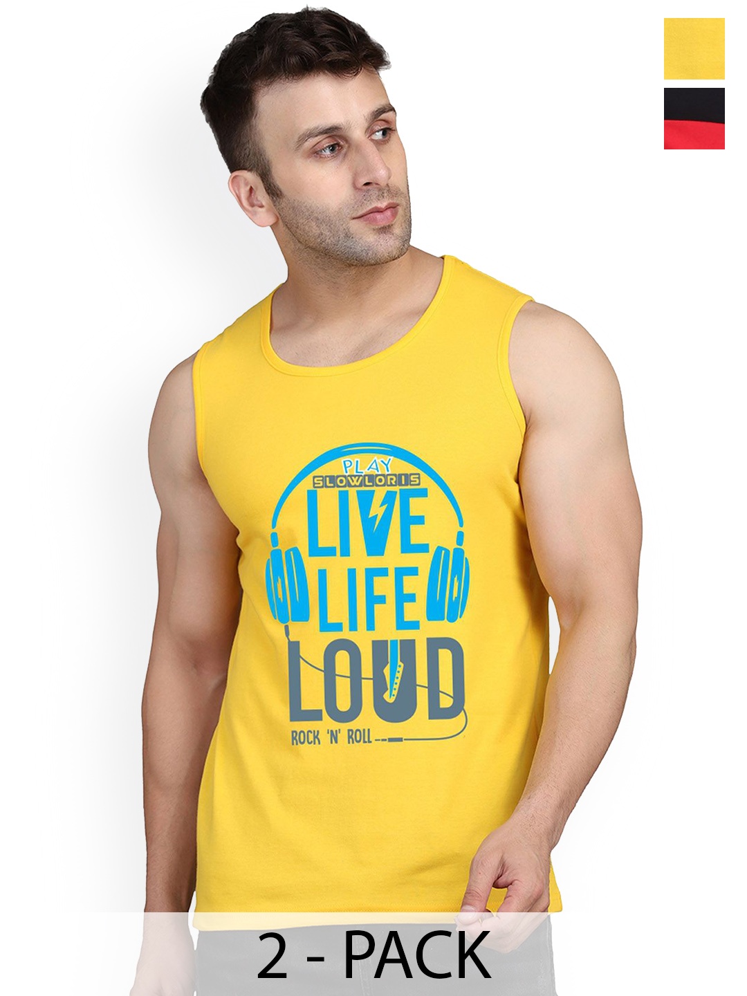 

SLOWLORIS Pack Of 2 Printed Sleeveless Combed Cotton Vests, Yellow