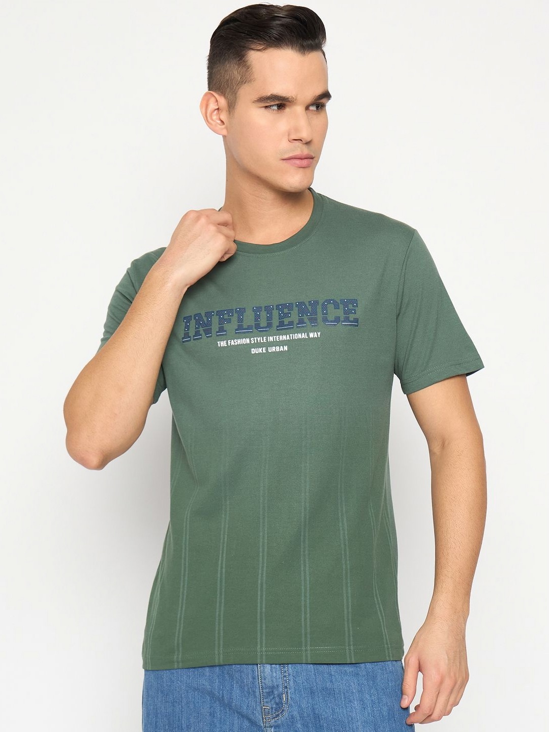 

Duke Men Graphic Printed Round Neck Cotton Slim Fit T-shirt, Green