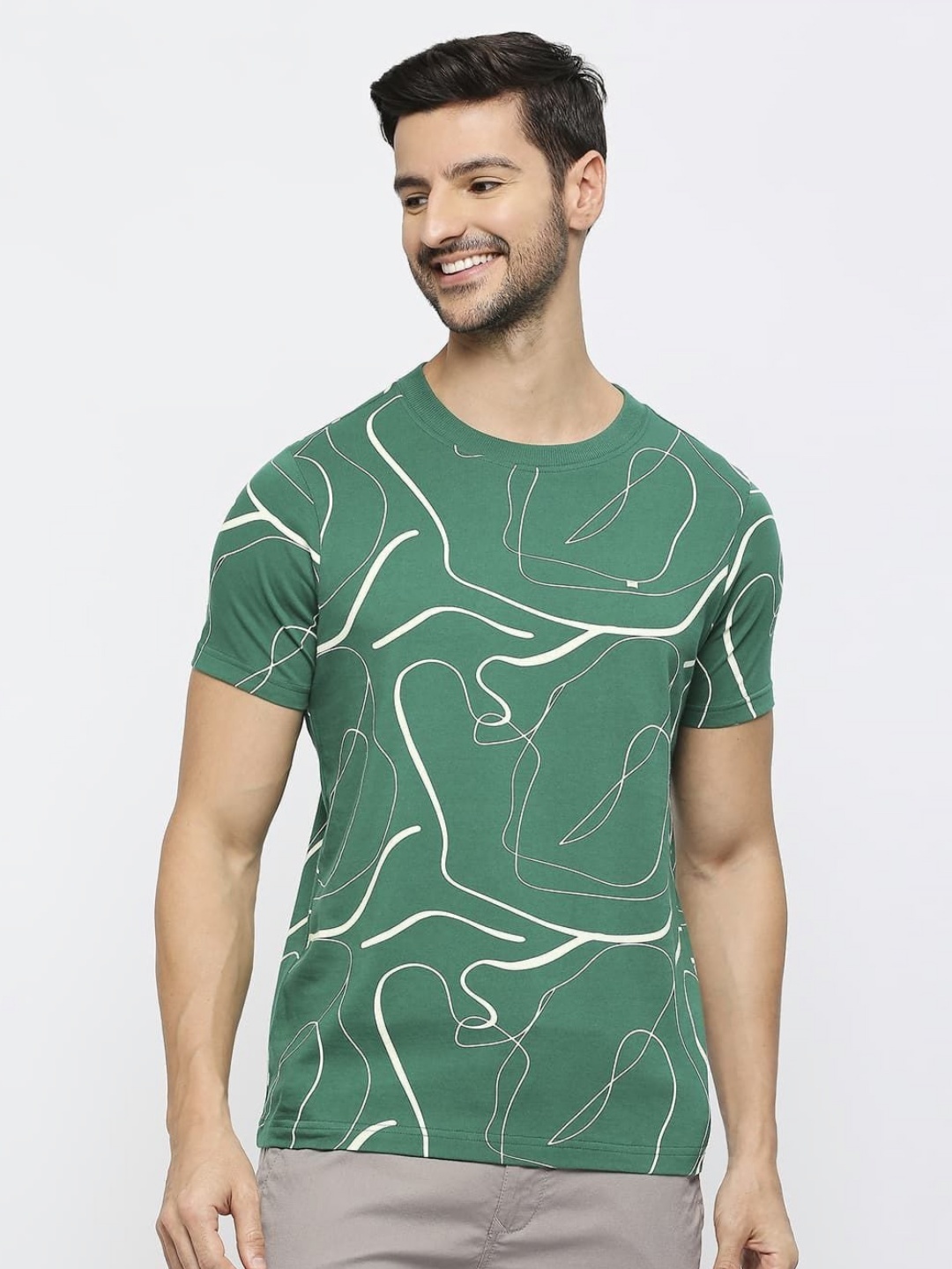 

Basics Men Graphic Printed Round Neck Cotton Slim Fit T-shirt, Green