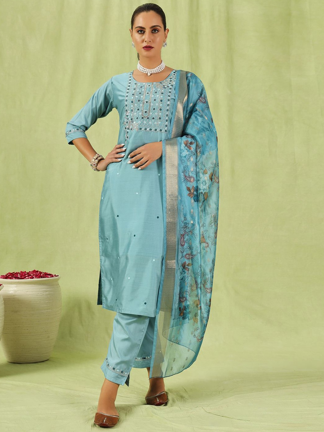 

VredeVogel Floral Embroidered Thread Work Straight Kurta With Trousers & Dupatta, Blue