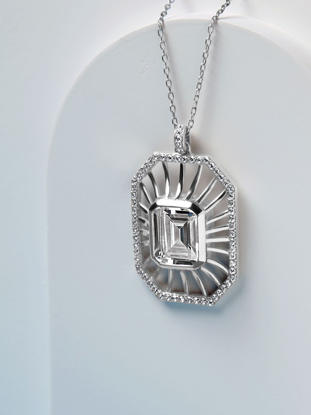 

VELVET IMPERIAL Stainless Steel Silver-Plated Stones Studded Square Pendant With Chain