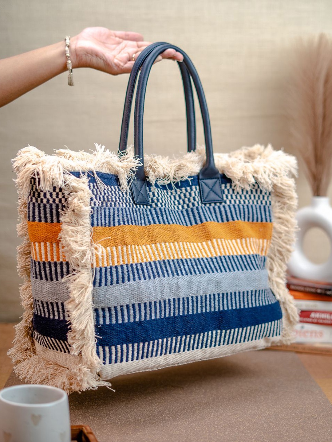 

NR By Nidhi Rathi Striped Tote Bag with fringed Detail, Blue