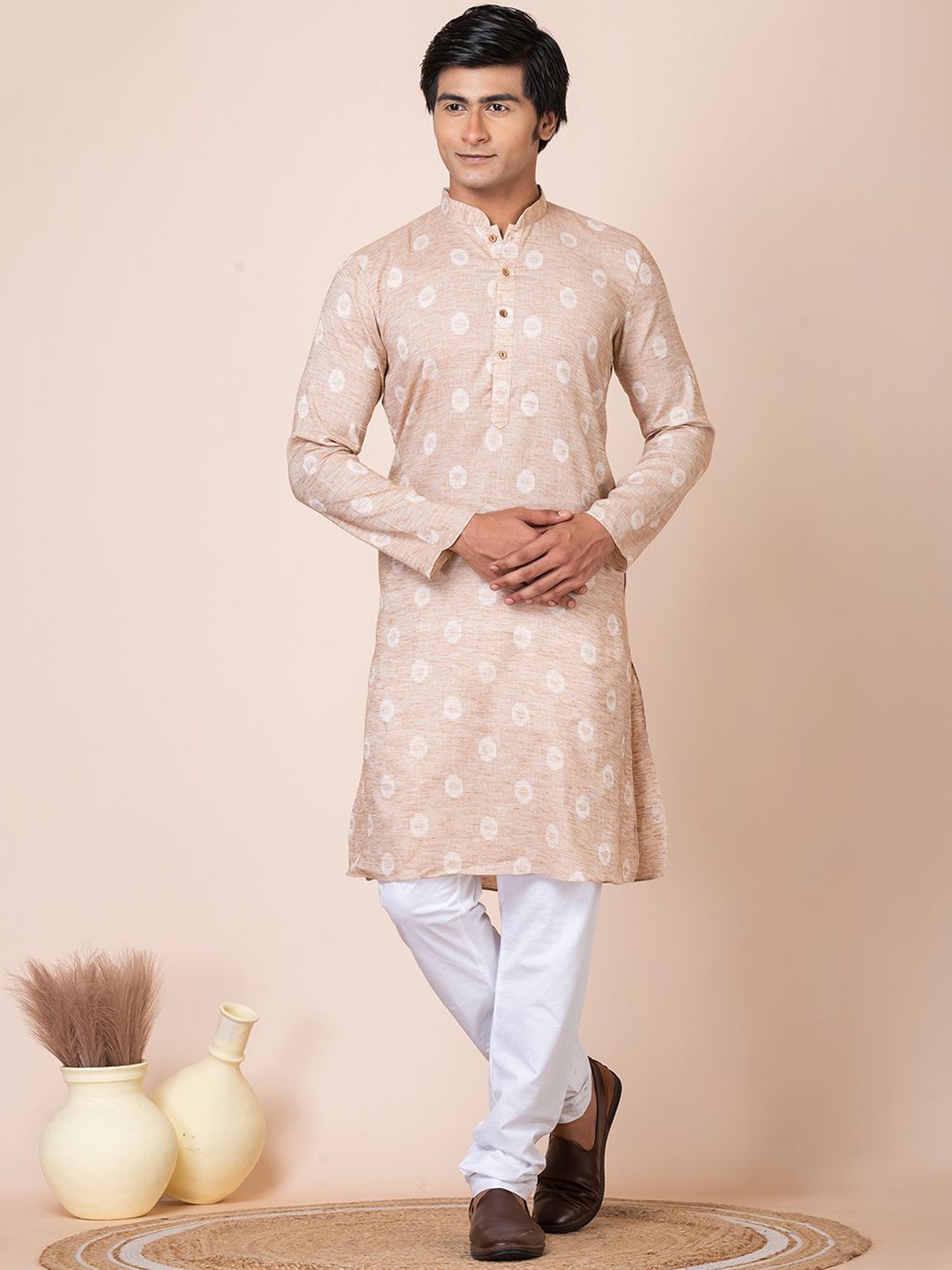 

HU - Handcrafted Uniquely Printed Pure Cotton Straight Kurta with Churidar, Beige