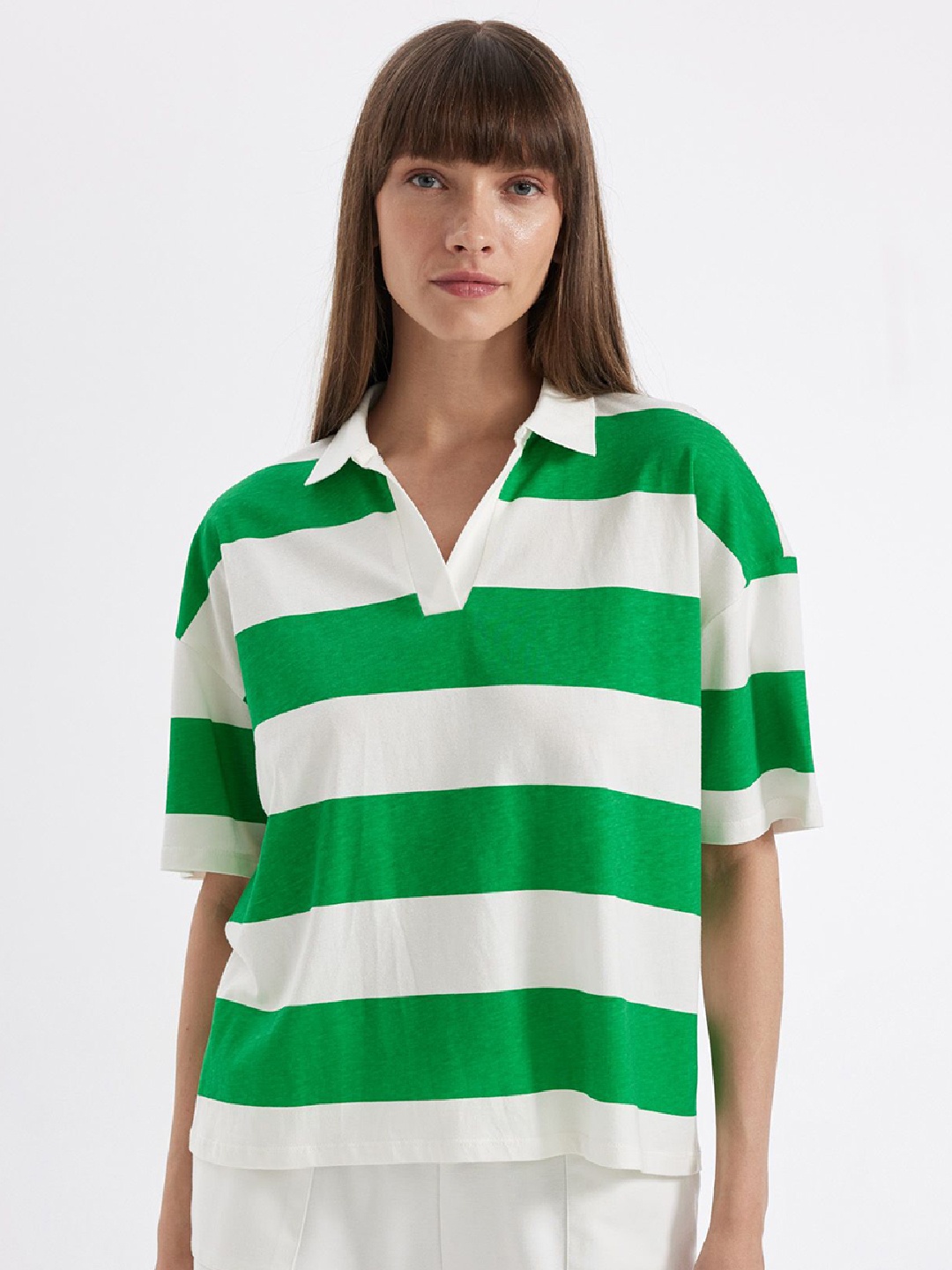 

DeFacto Women Striped Polo Collar Pockets T-shirt, Na