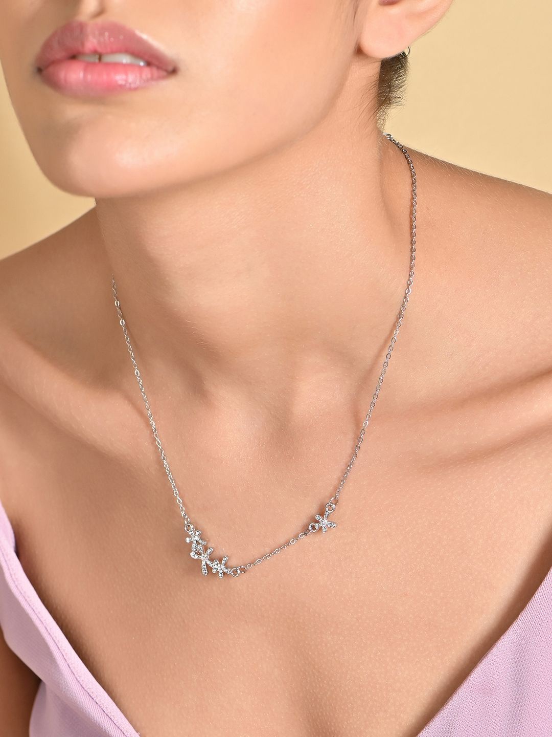 

ToniQ Rhodium-Plated Cubic Zirconia Studded Necklace, Silver