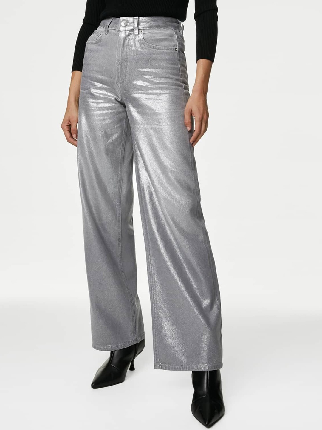 

Marks & Spencer Women Wide Leg High-Rise Metalic Jeans, Silver