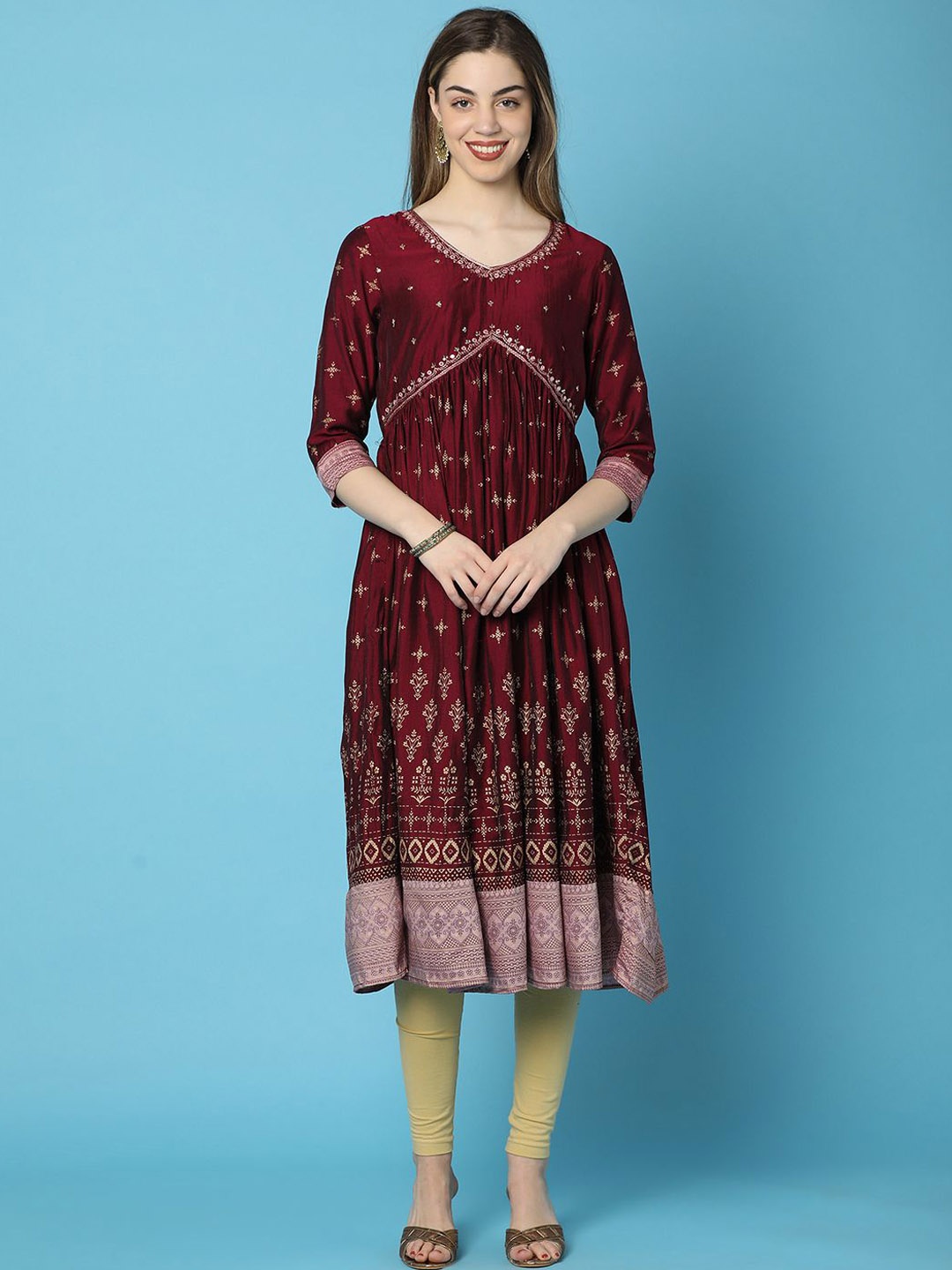 

V-Mart Ethnic Motifs Printed Sequinned V-Neck Cotton Anarkali Kurta, Maroon