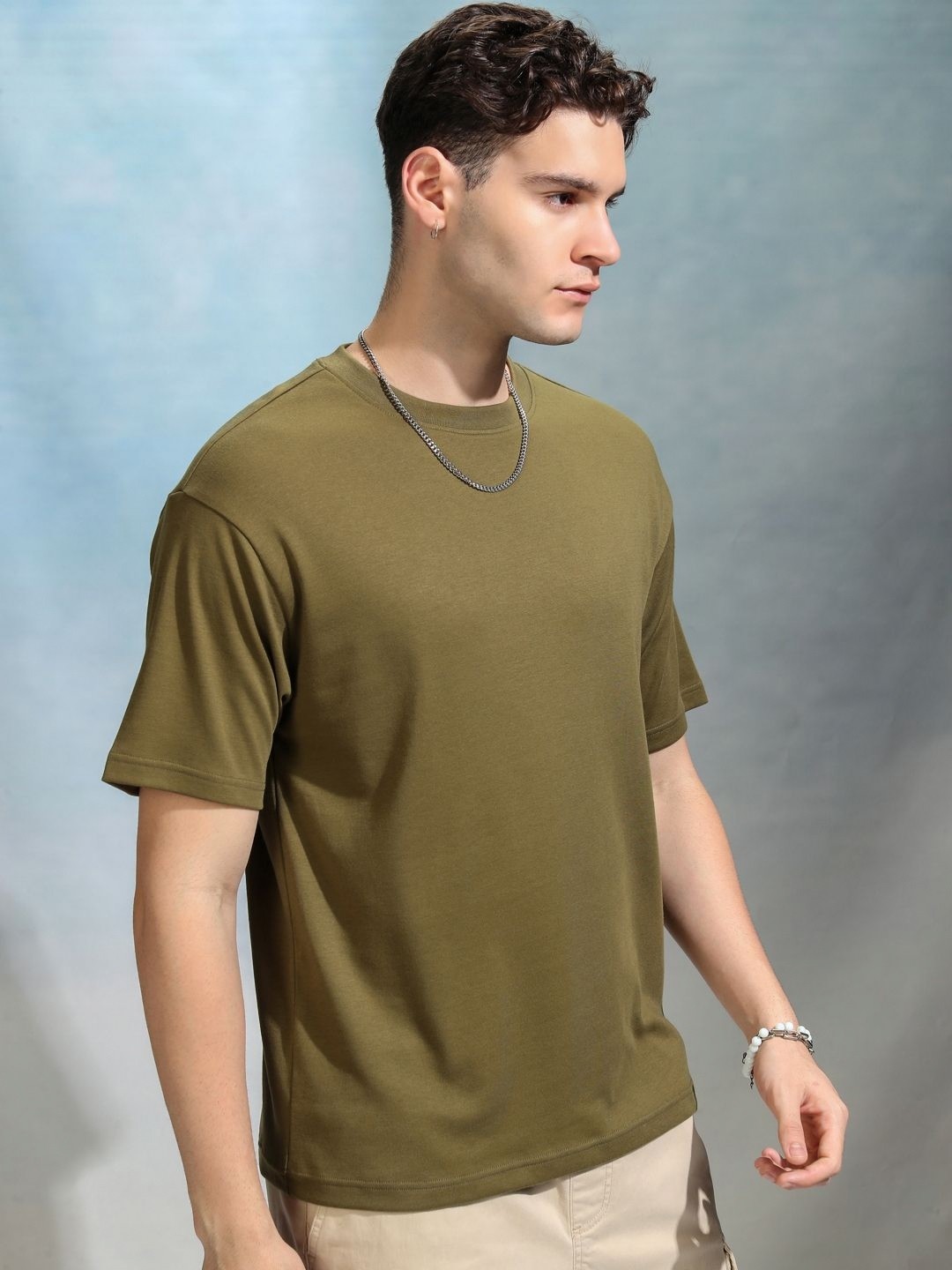 

HIGHLANDER Men Solid Round Neck Cotton Oversized Sports T-Shirt, Olive