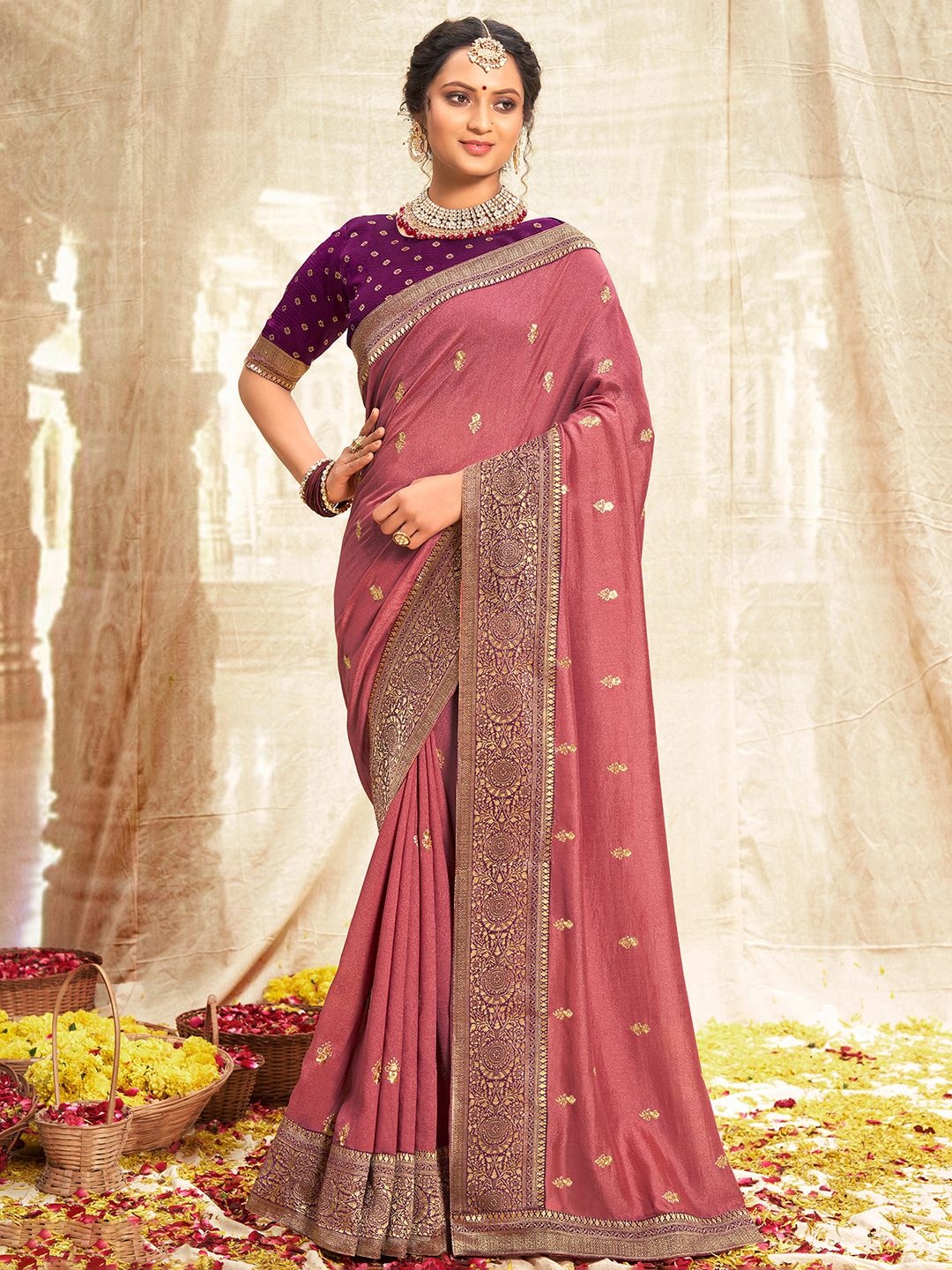 

Saree mall Ethnic Motifs Embroidered Sarees, Mauve