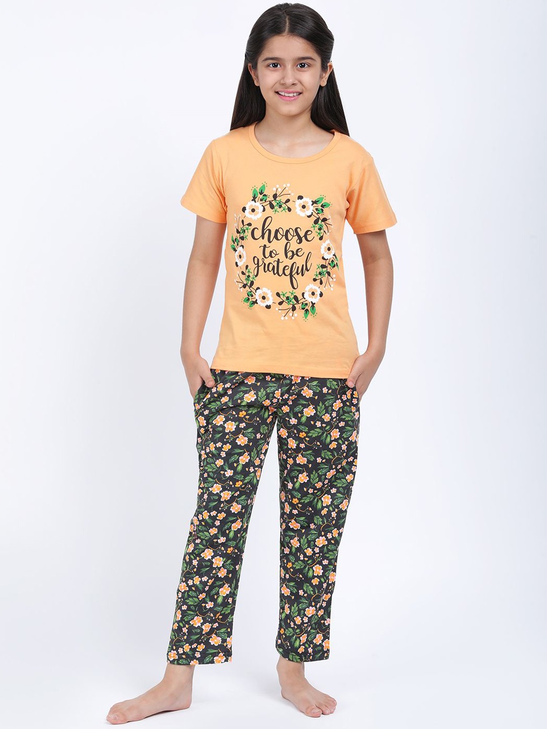 

Elzoh Girls Floral Printed Night suit, Orange