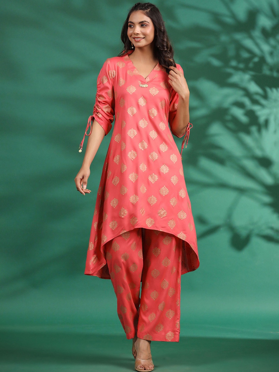 

GILLORI Ethnic Motifs Printed V-Neck Pure Cotton High Low Ethnic Tunic With Trouser, Peach