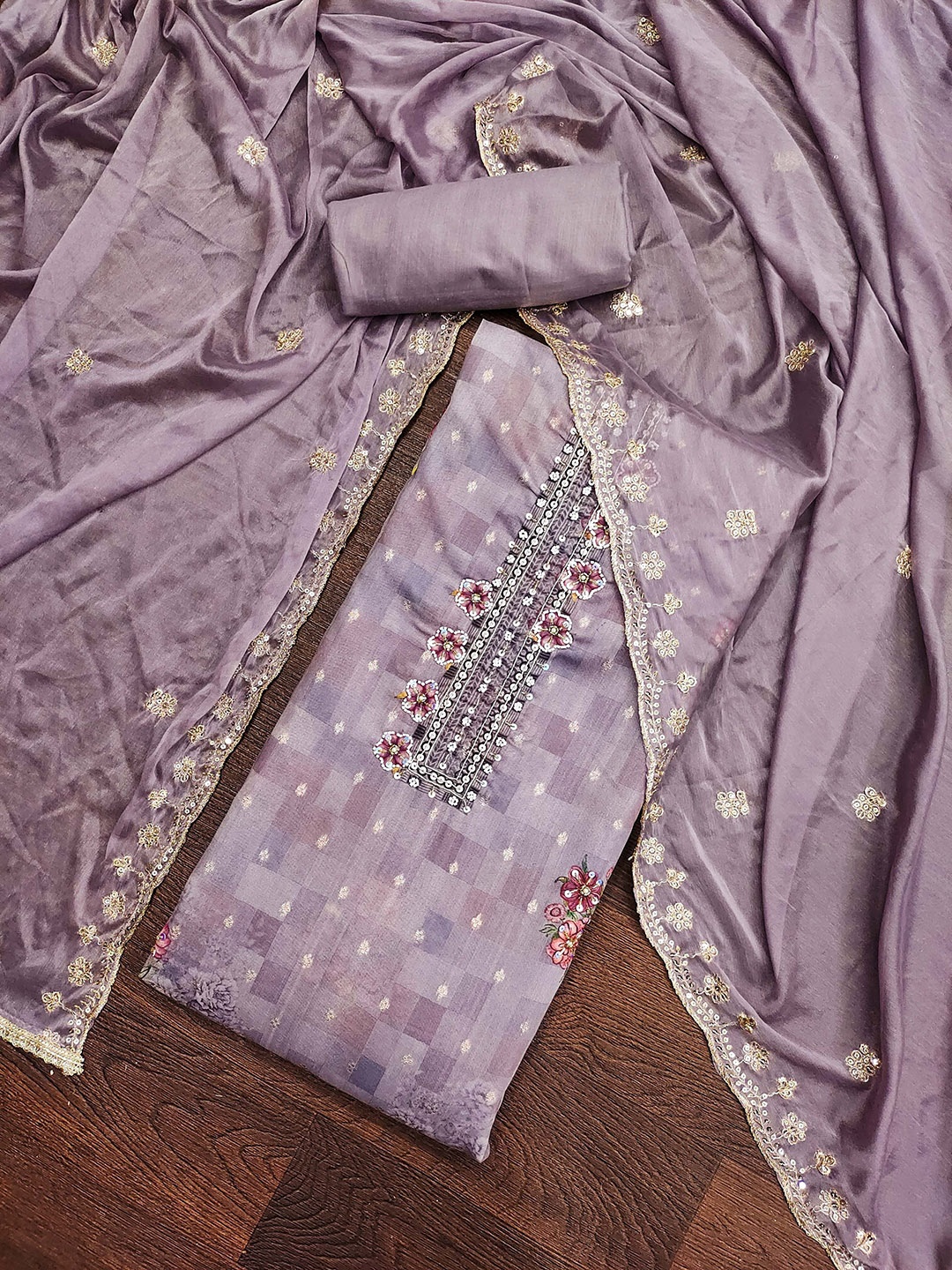 

KALINI Floral Printed Sequinned Unstitched Dress Material, Lavender