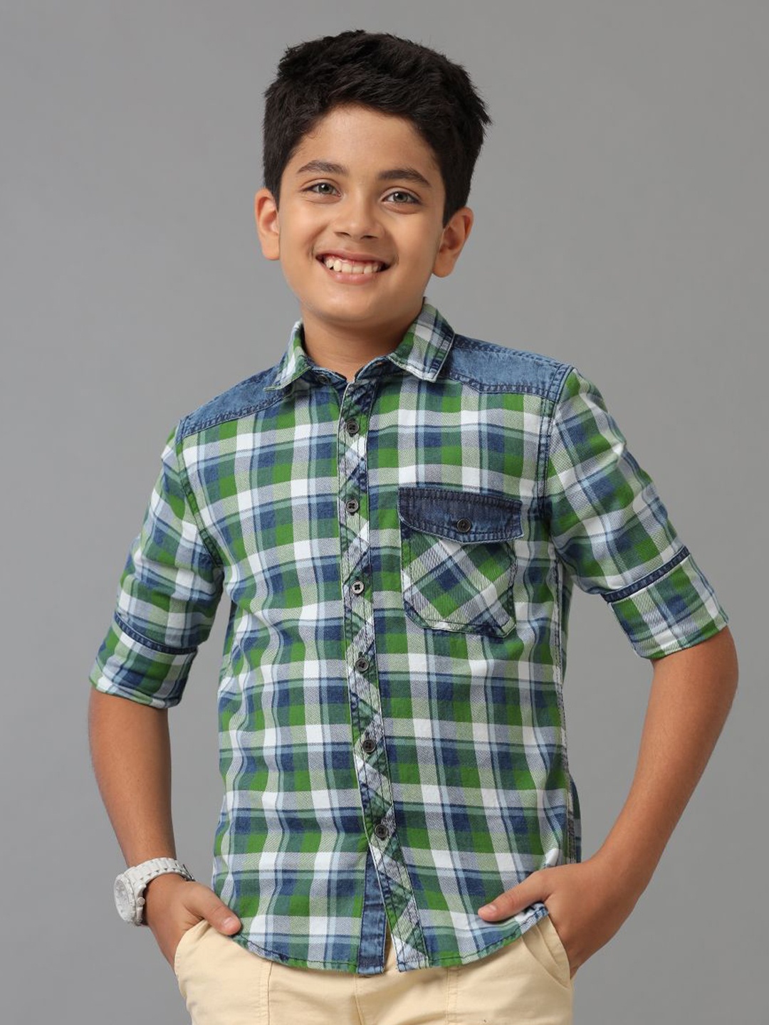 

UNDER FOURTEEN ONLY Boys Tartan Checks Opaque Checked Casual Shirt, Green
