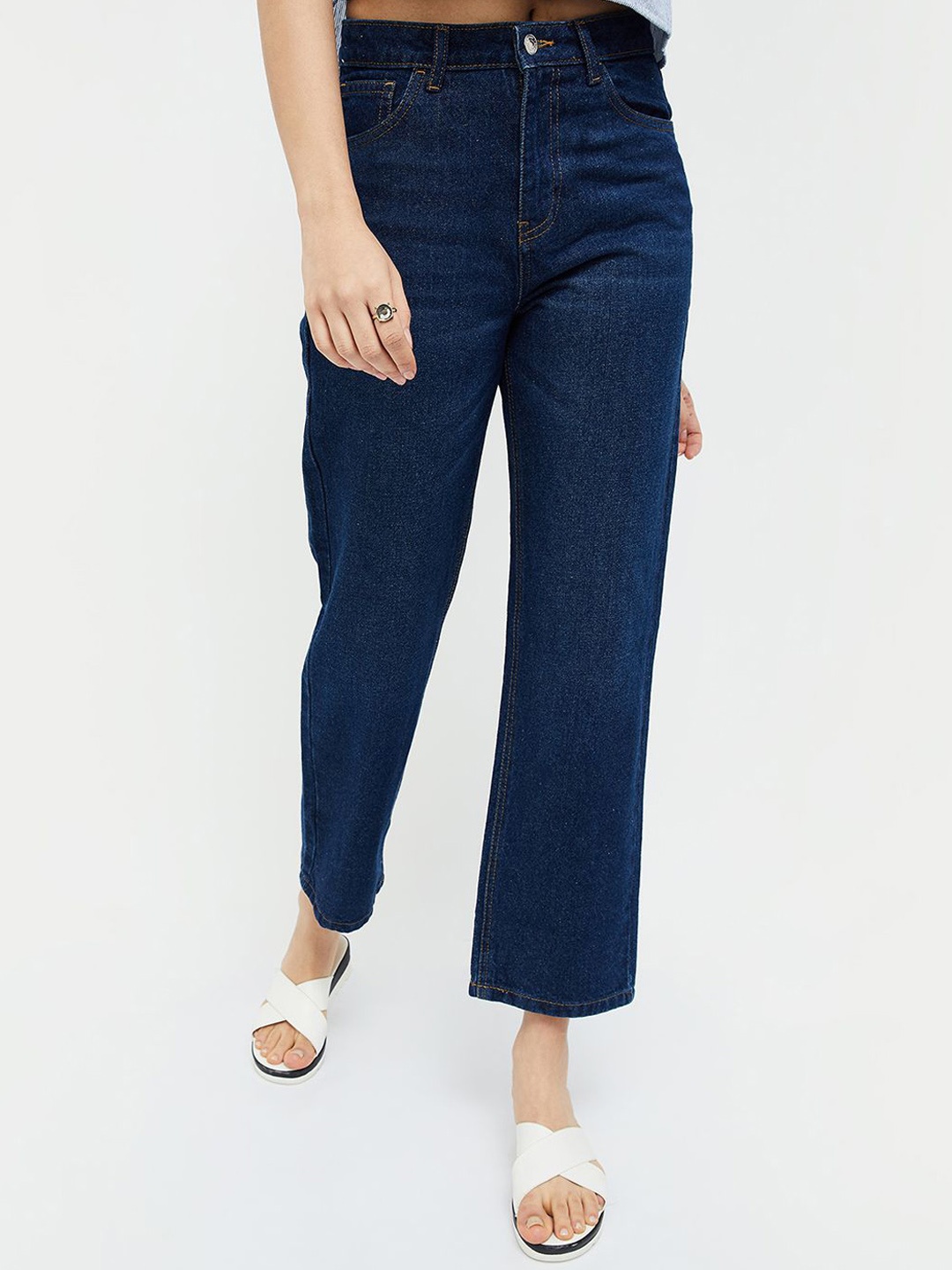

Ginger by Lifestyle Women Mid-Rise Straight Fit Highly Distressed Jeans, Blue