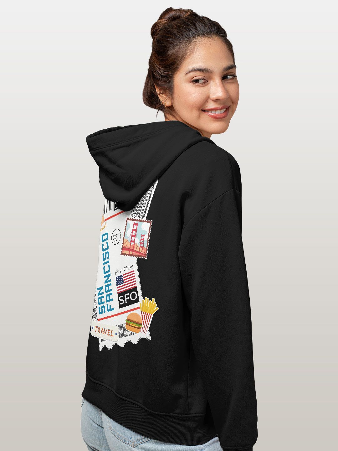 

macmerise Women Printed Hooded Sweatshirt, Black