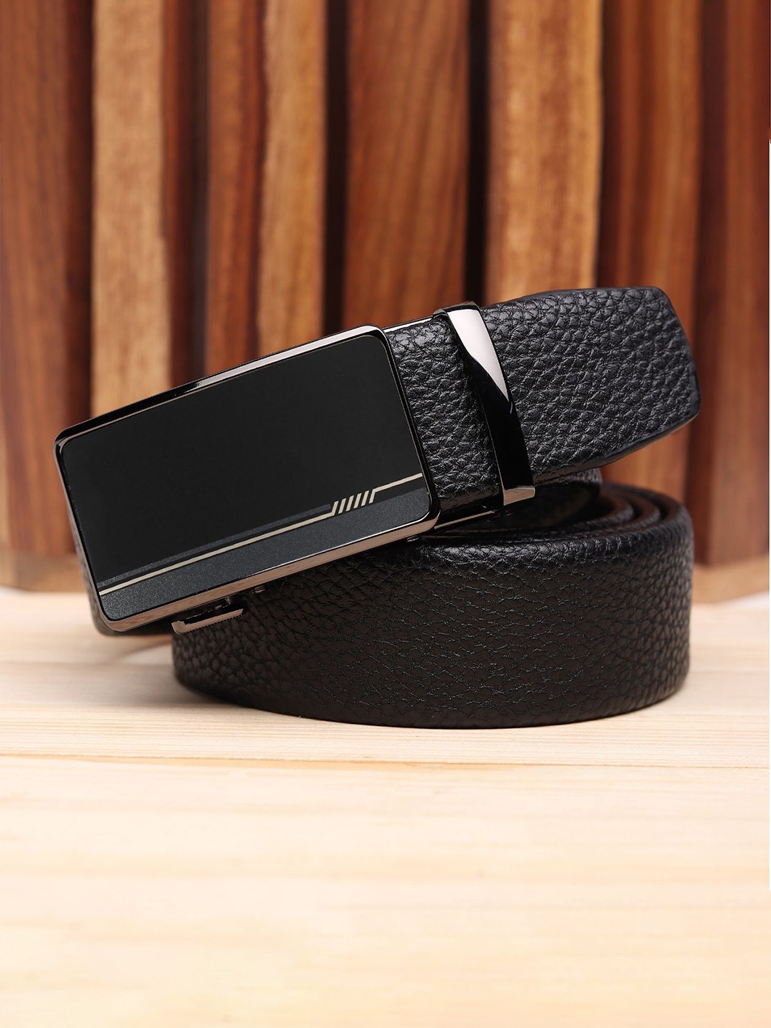 

WINSOME DEAL Men Slider Buckle Closure Textured Formal Belt, Black