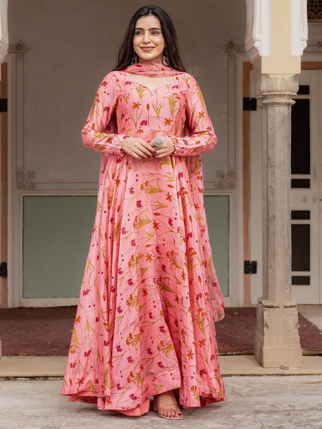 

Ambraee Floral Printed Beads and Stones Panelled Anarkali Kurta With Dupatta, Pink