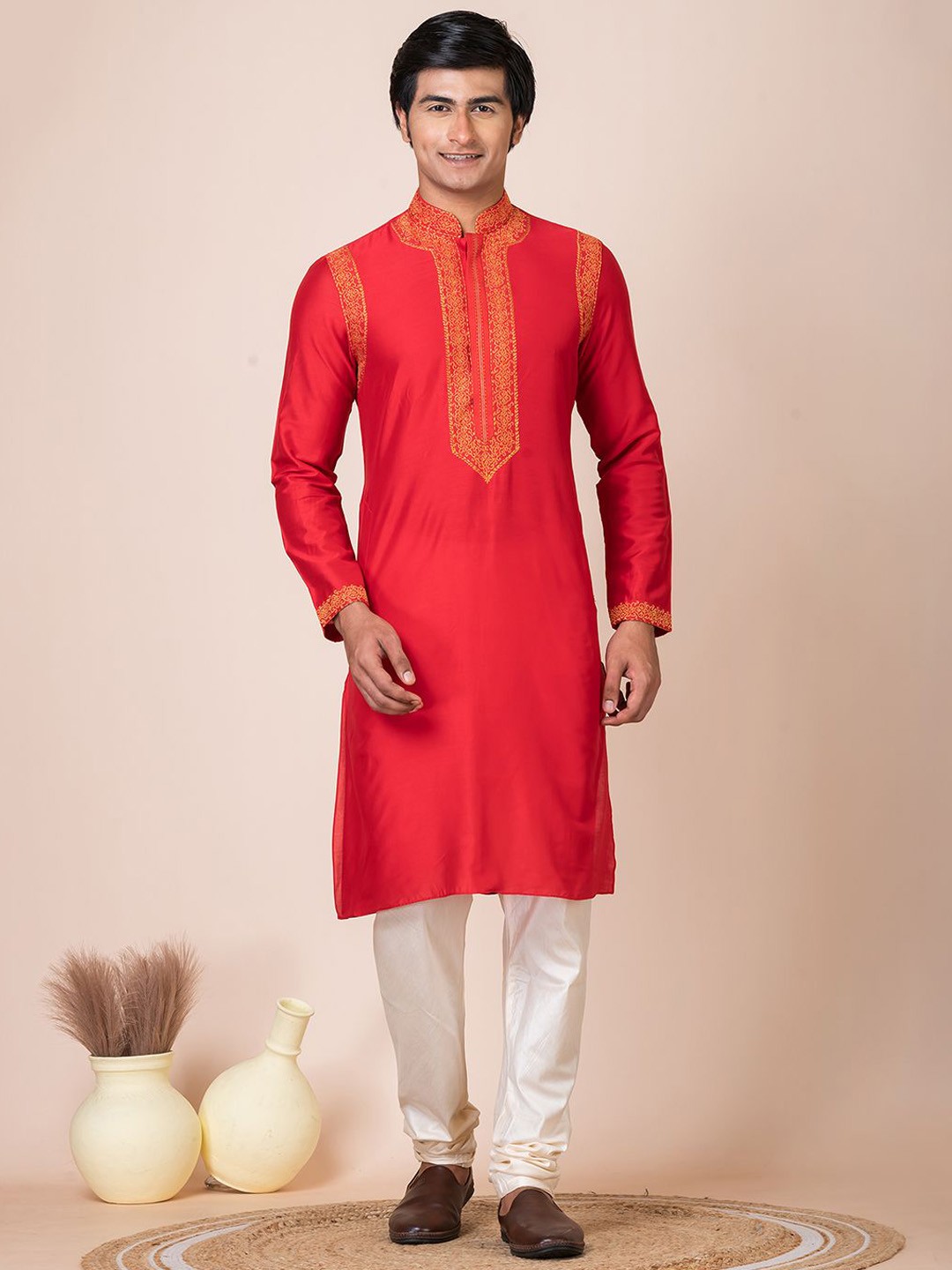 

HU - Handcrafted Uniquely Men Ethnic Motifs Embroidered Regular Thread Work Dupion Silk Kurta with Churidar, Red