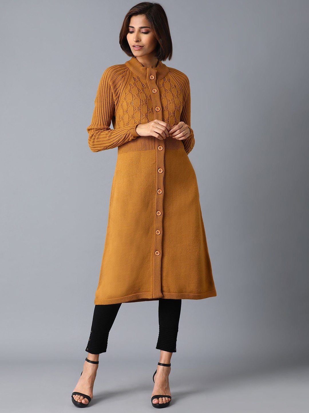 

W Women Acrylic Longline Open Front Jacket with Embroidered, Yellow