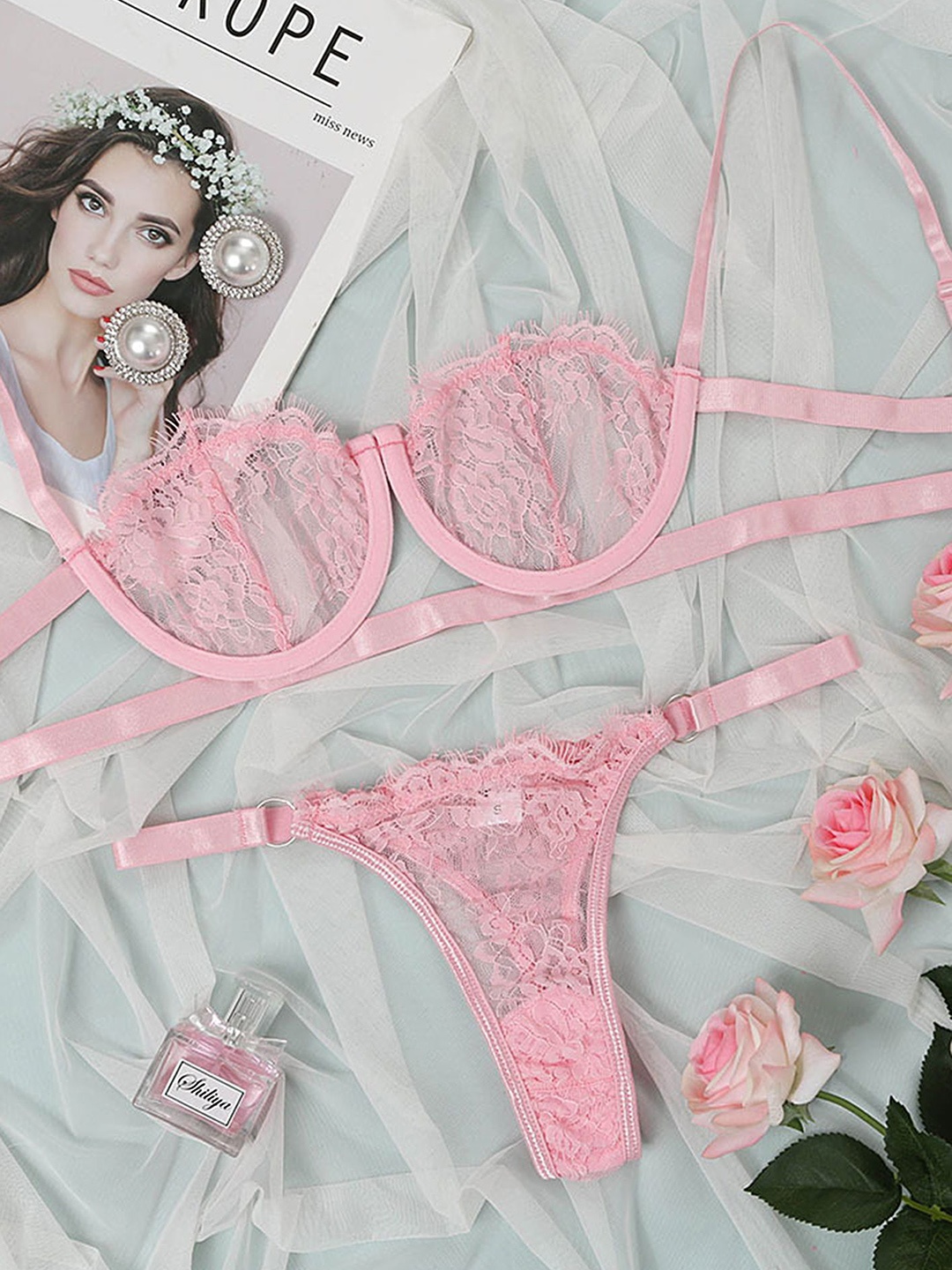 

LULU & SKY Sheer Lace Low-Rise Lingerie Set, Pink