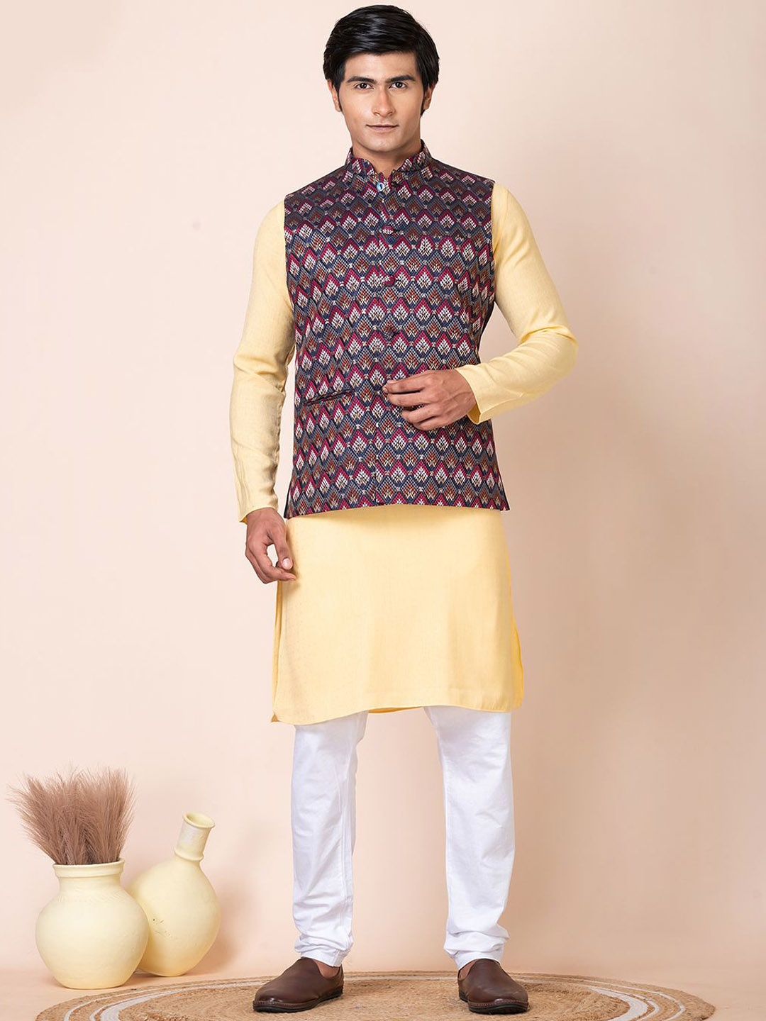 

HU - Handcrafted Uniquely Mandarin Collar Straight Kurta with Churidar & Jacket, Navy blue