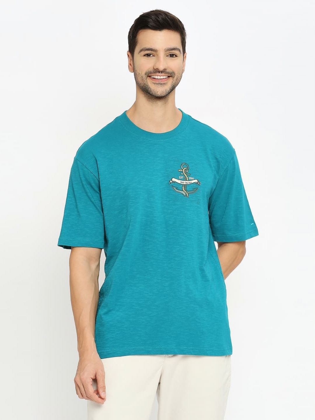 

Basics Men Graphic Printed Round Neck Cotton Slim Fit T-shirt, Green
