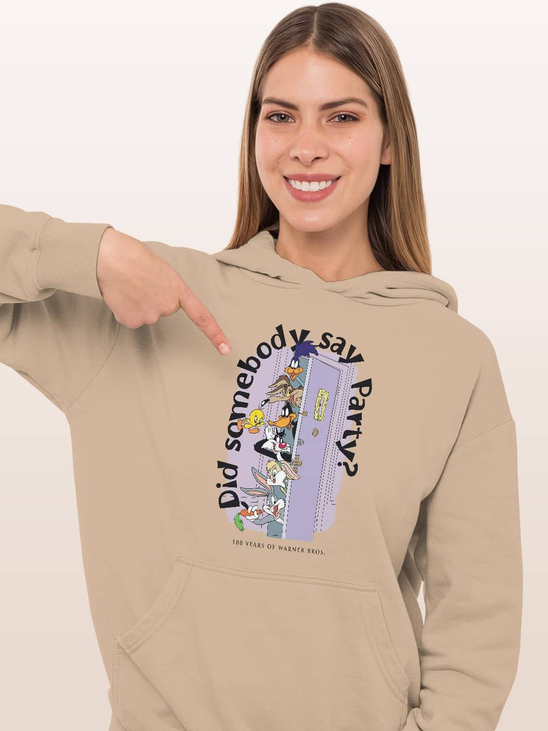 

macmerise Women Printed Hooded Sweatshirt, Beige