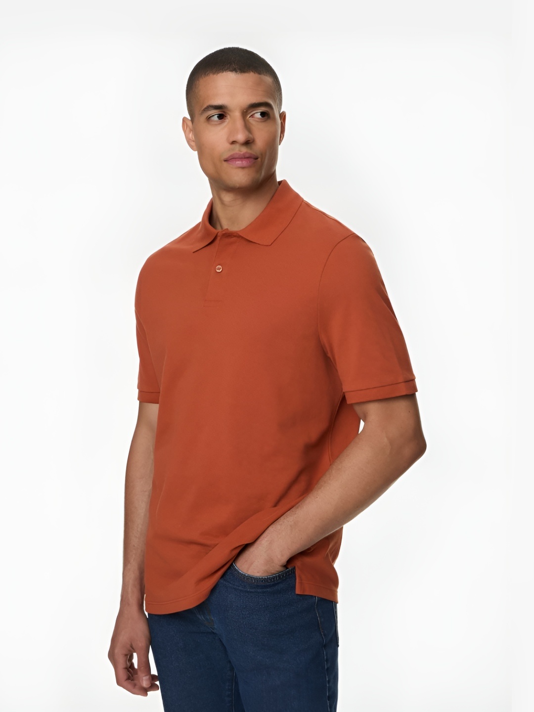 

Marks & Spencer Men Solid Polo Collar Cotton T-shirt, Orange