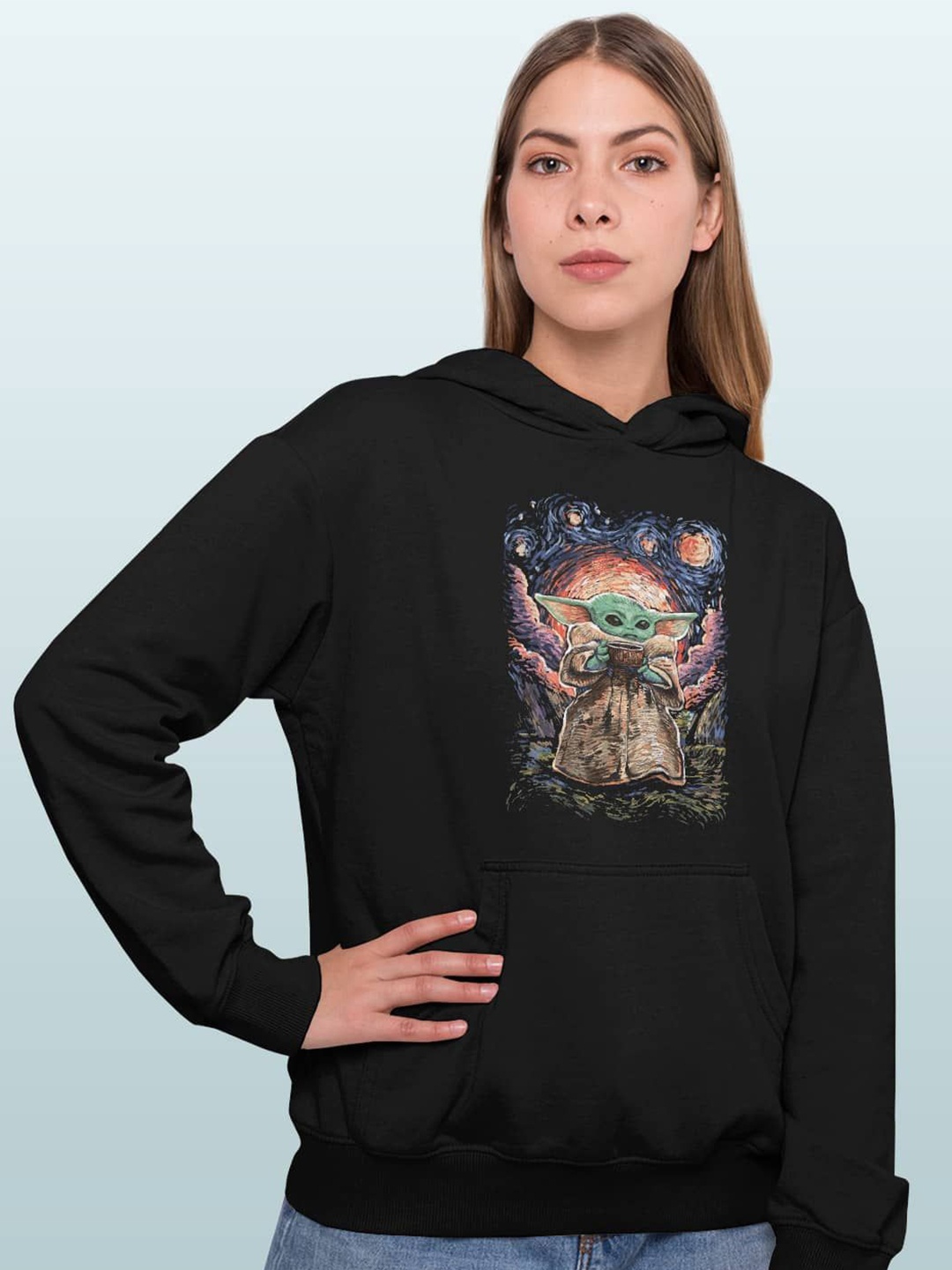 

macmerise Women Printed Hooded Sweatshirt, Black