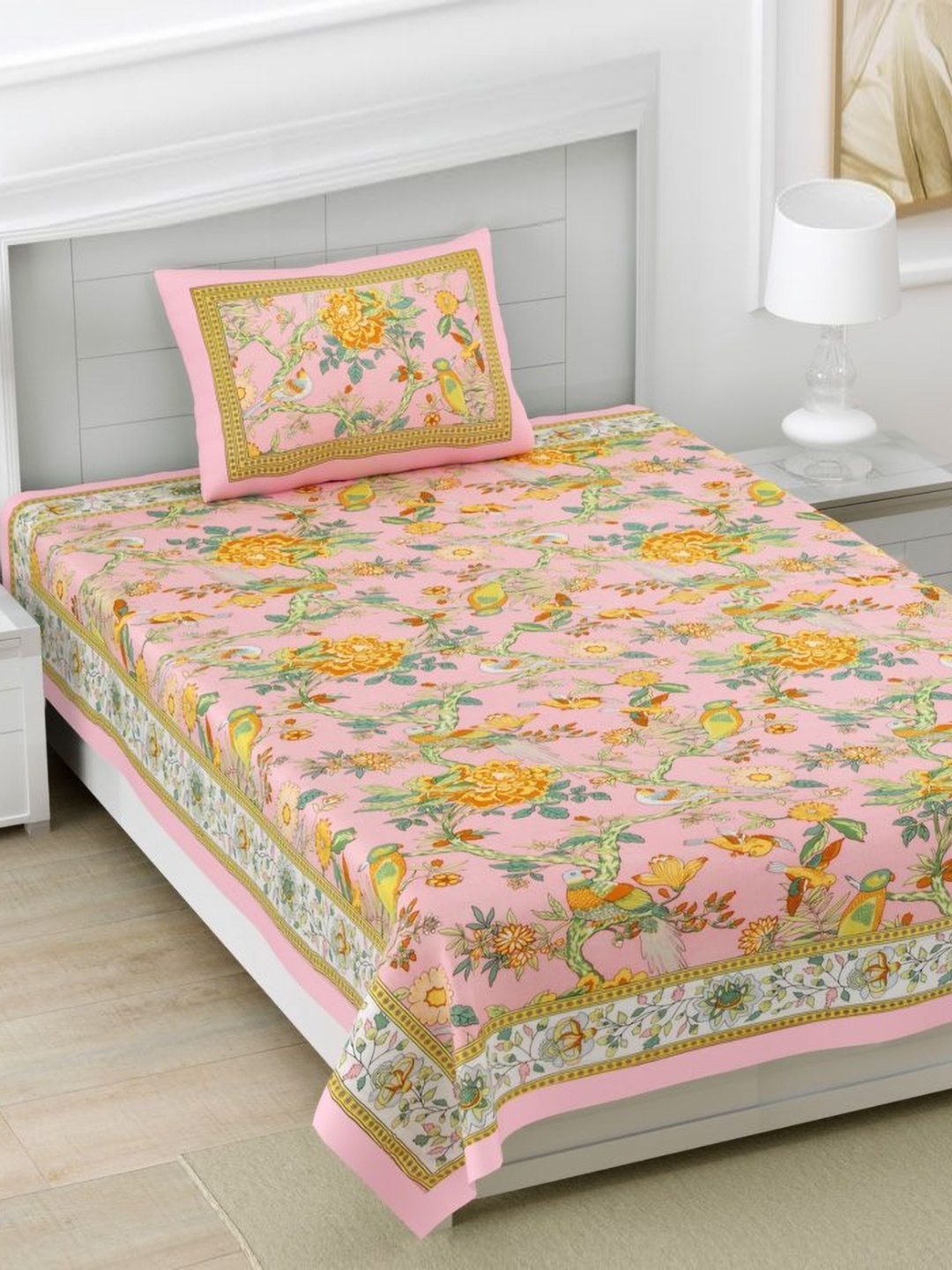 

Urban Jaipur kaya Pink & Yellow Floral Cotton 250 TC Single Bedsheet with 1 Pillow Cover