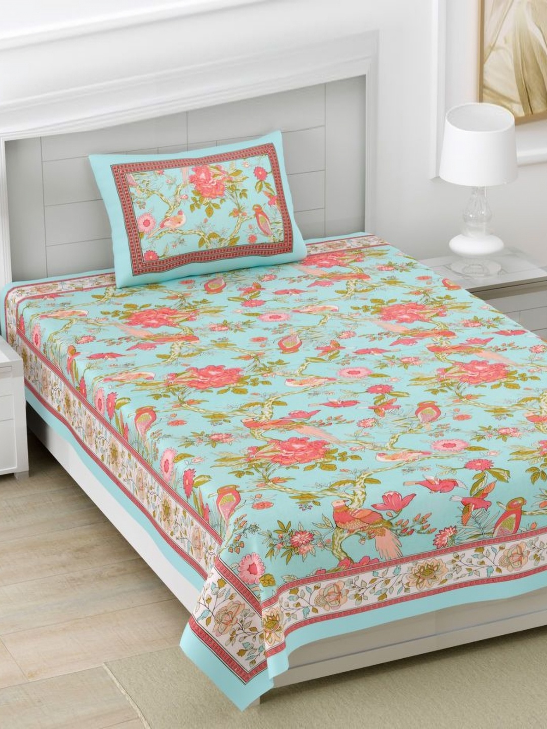 

Urban Jaipur kaya Blue & Pink Cotton Floral 250 TC Single Bedsheet with 1 Pillow Cover