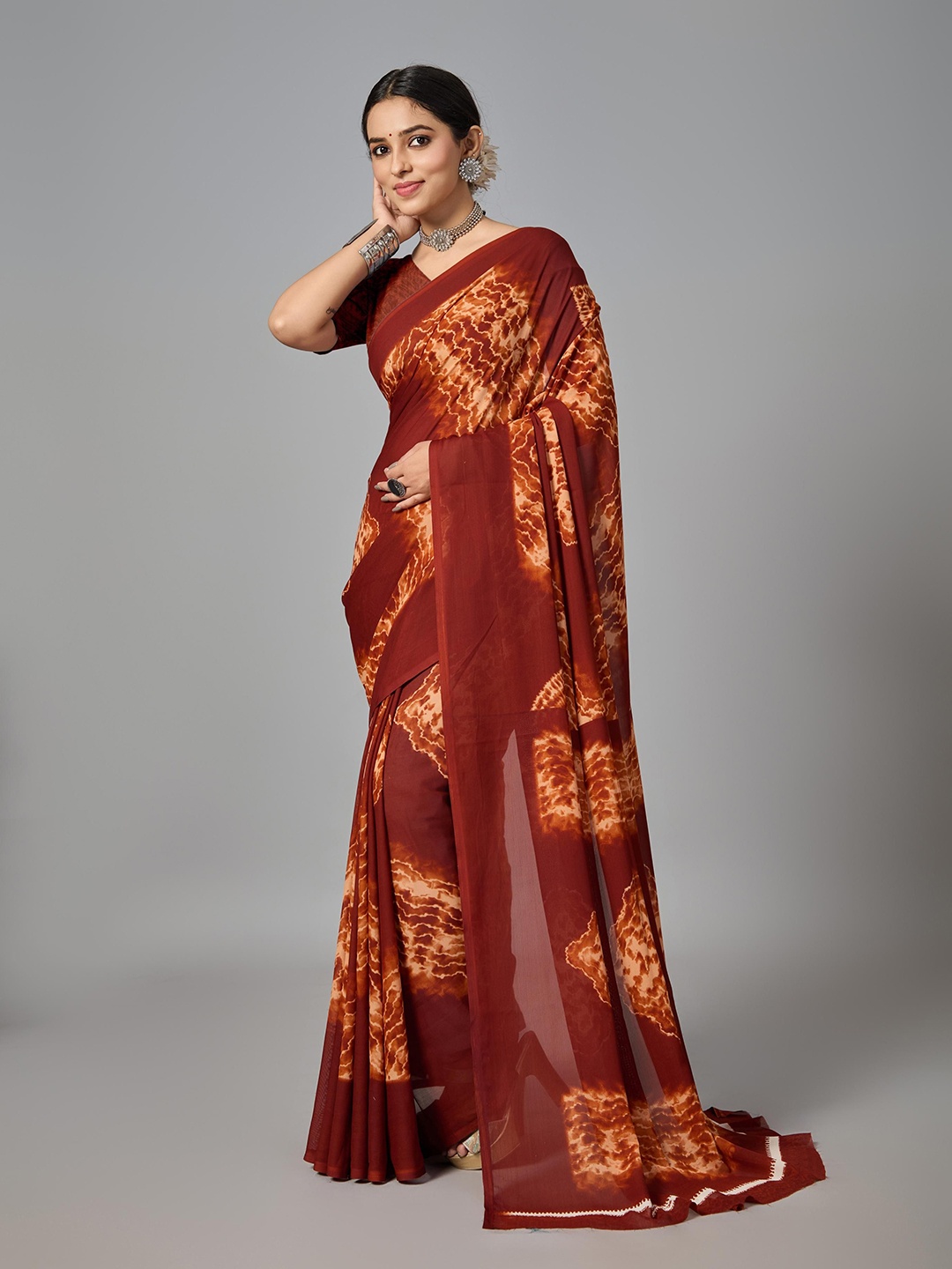 

VIRICA Tie and Dye Printed Soft Saree With Blouse Piece, Rust