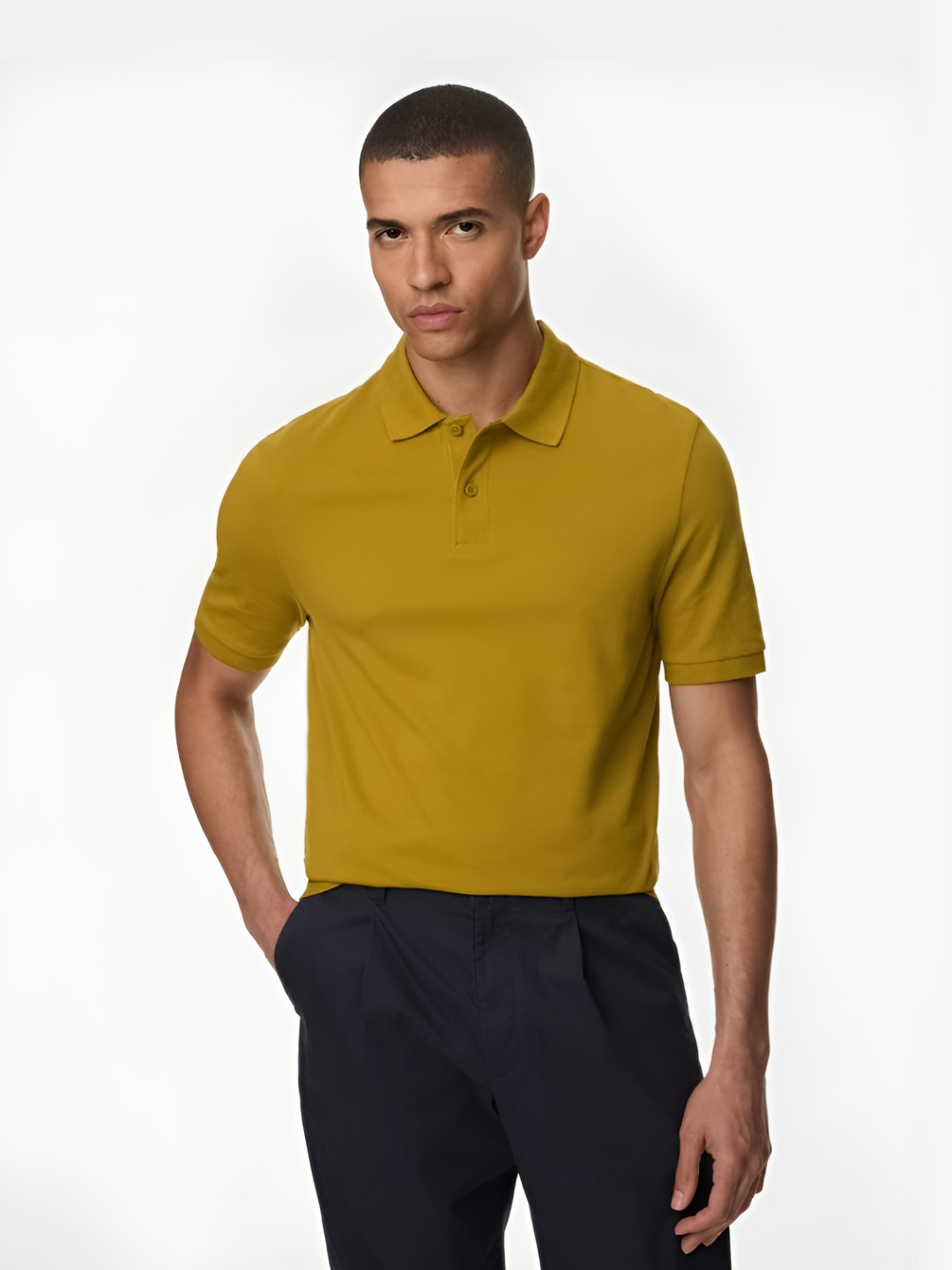 

Marks & Spencer Men Solid Polo Collar Cotton T-shirt, Gold