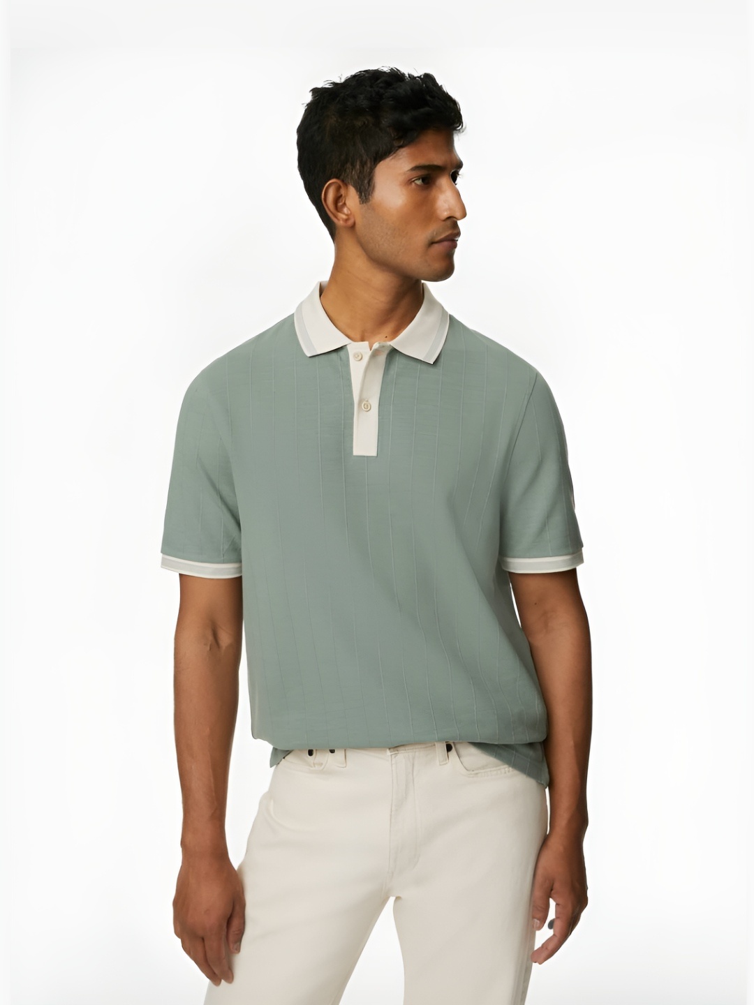 

Marks & Spencer Men Solid Polo Collar Cotton T-shirt, Green