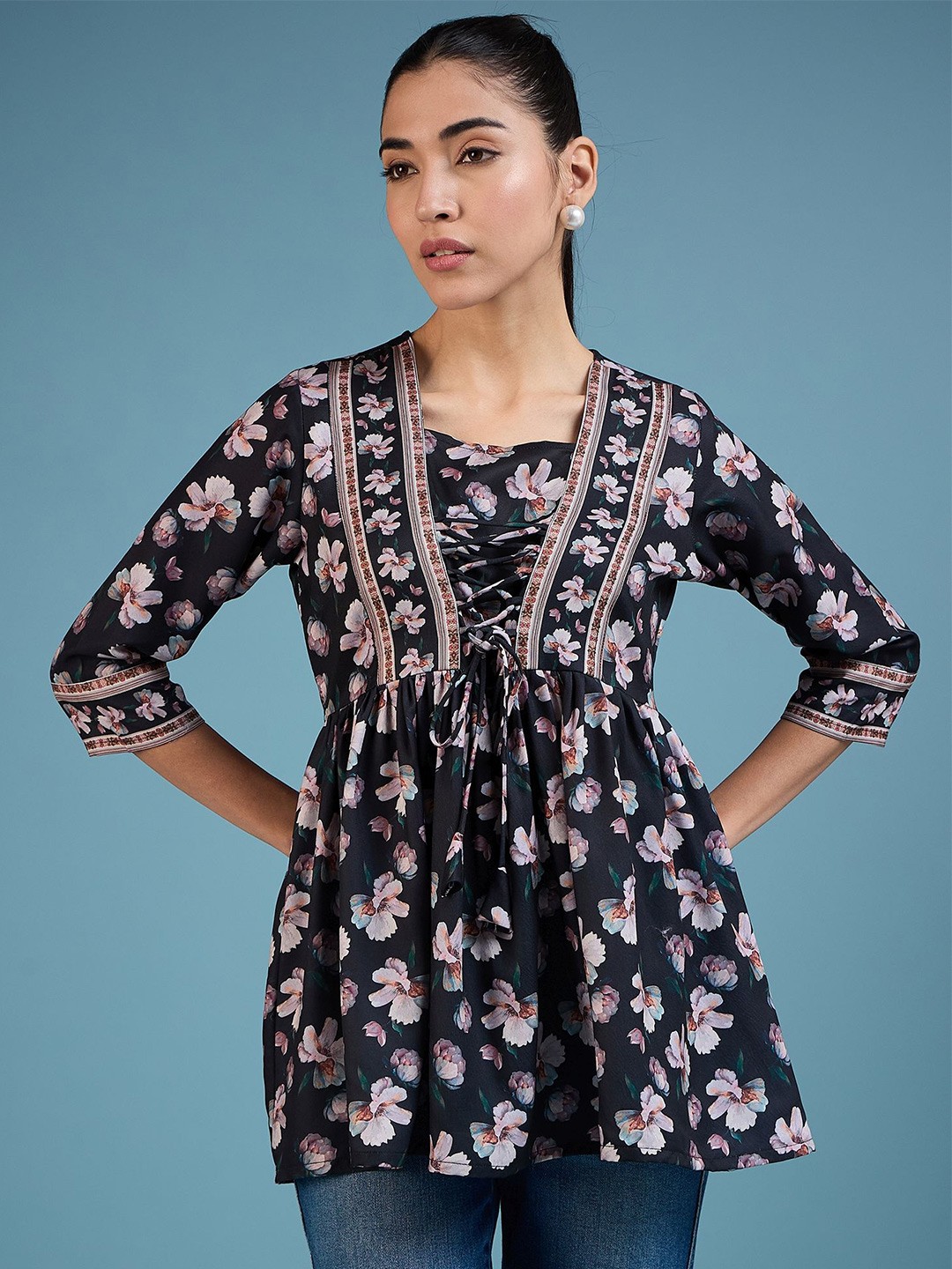 

A.V.M Prints Floral Print Cotton Peplum Top, Black