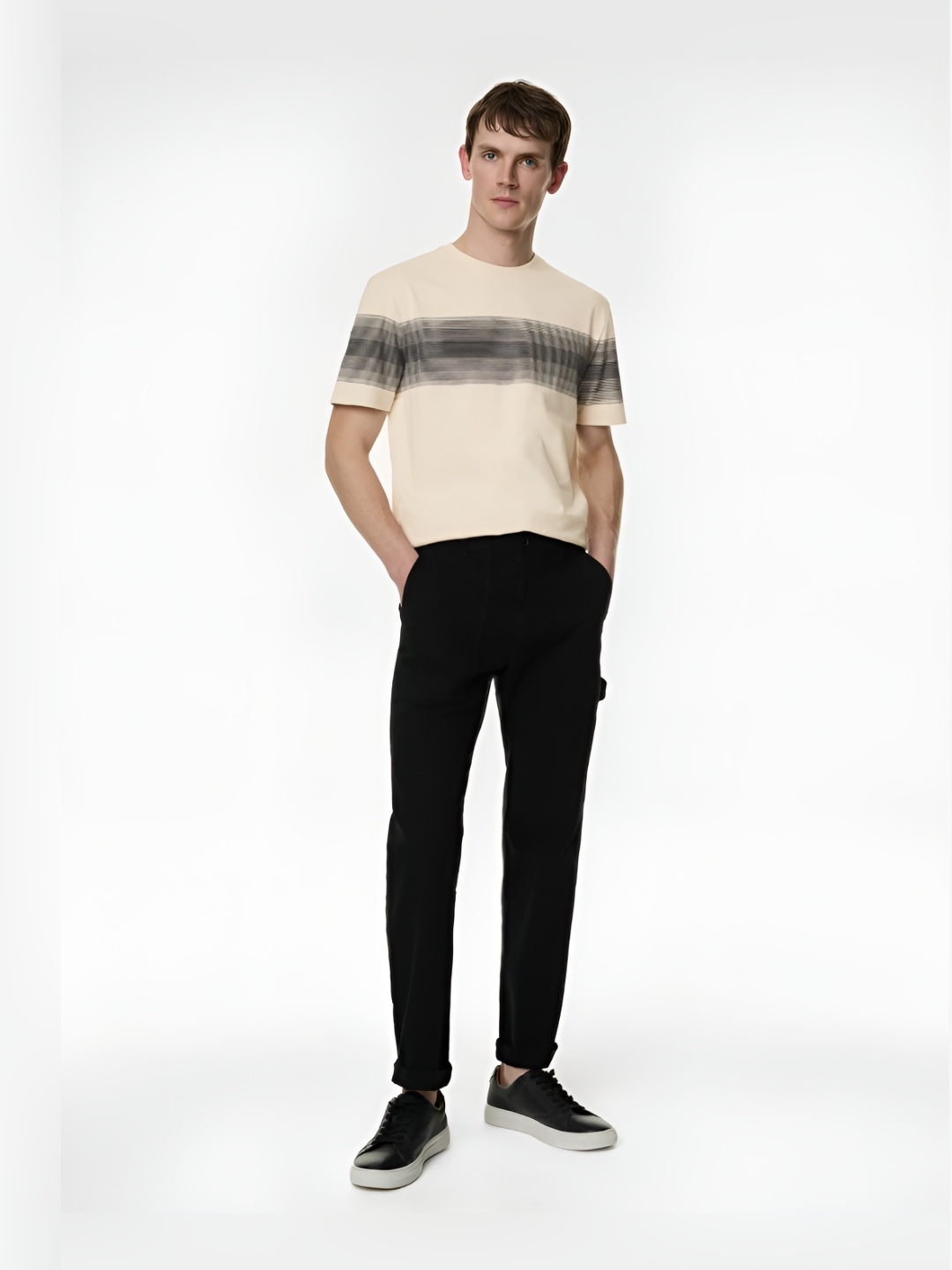 

Marks & Spencer Men Striped V-Neck Cotton T-shirt, Beige
