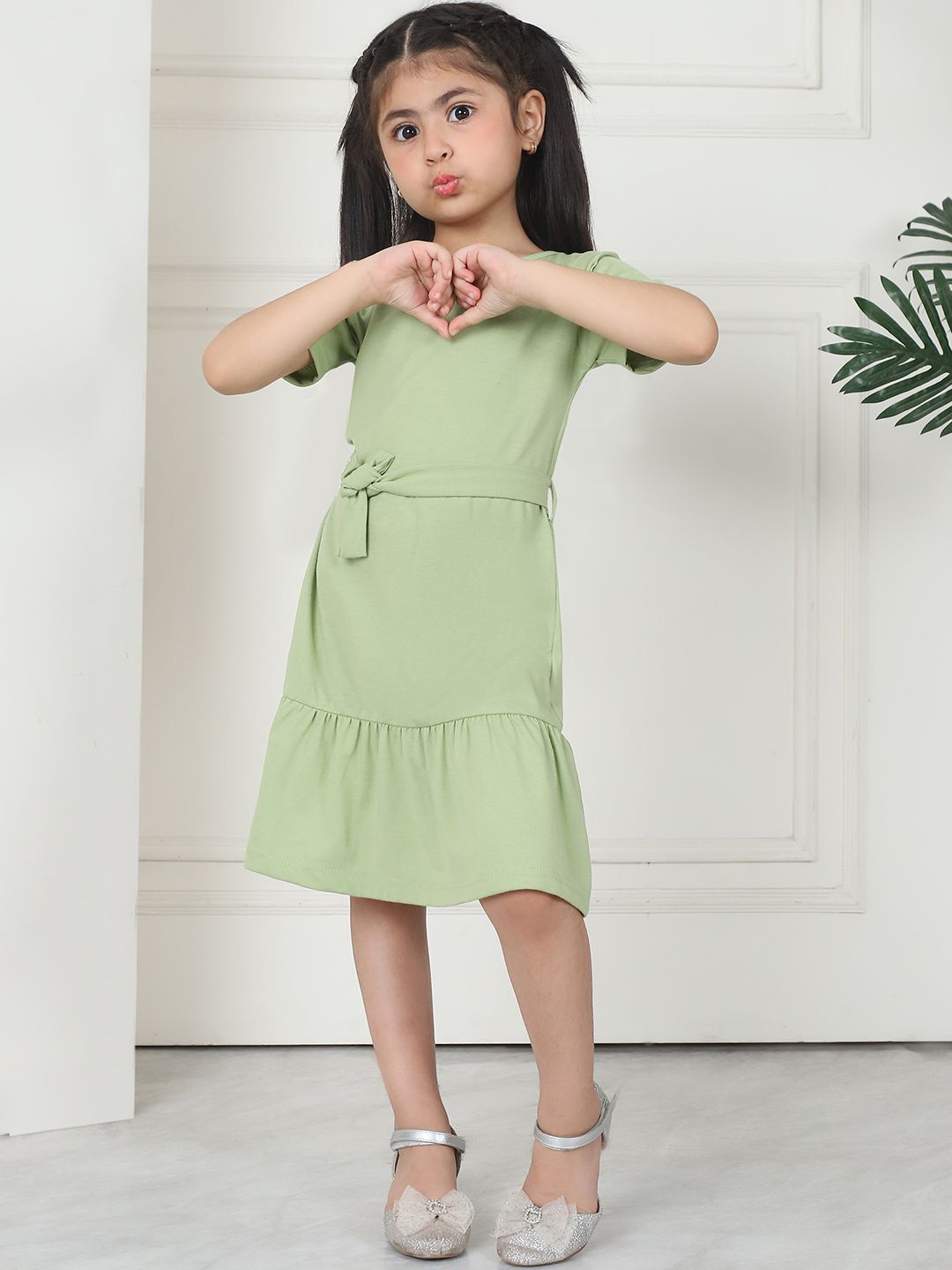 

MINI & MING Girls Cotton Round Neck Short Sleeves A-Line Dress, Green