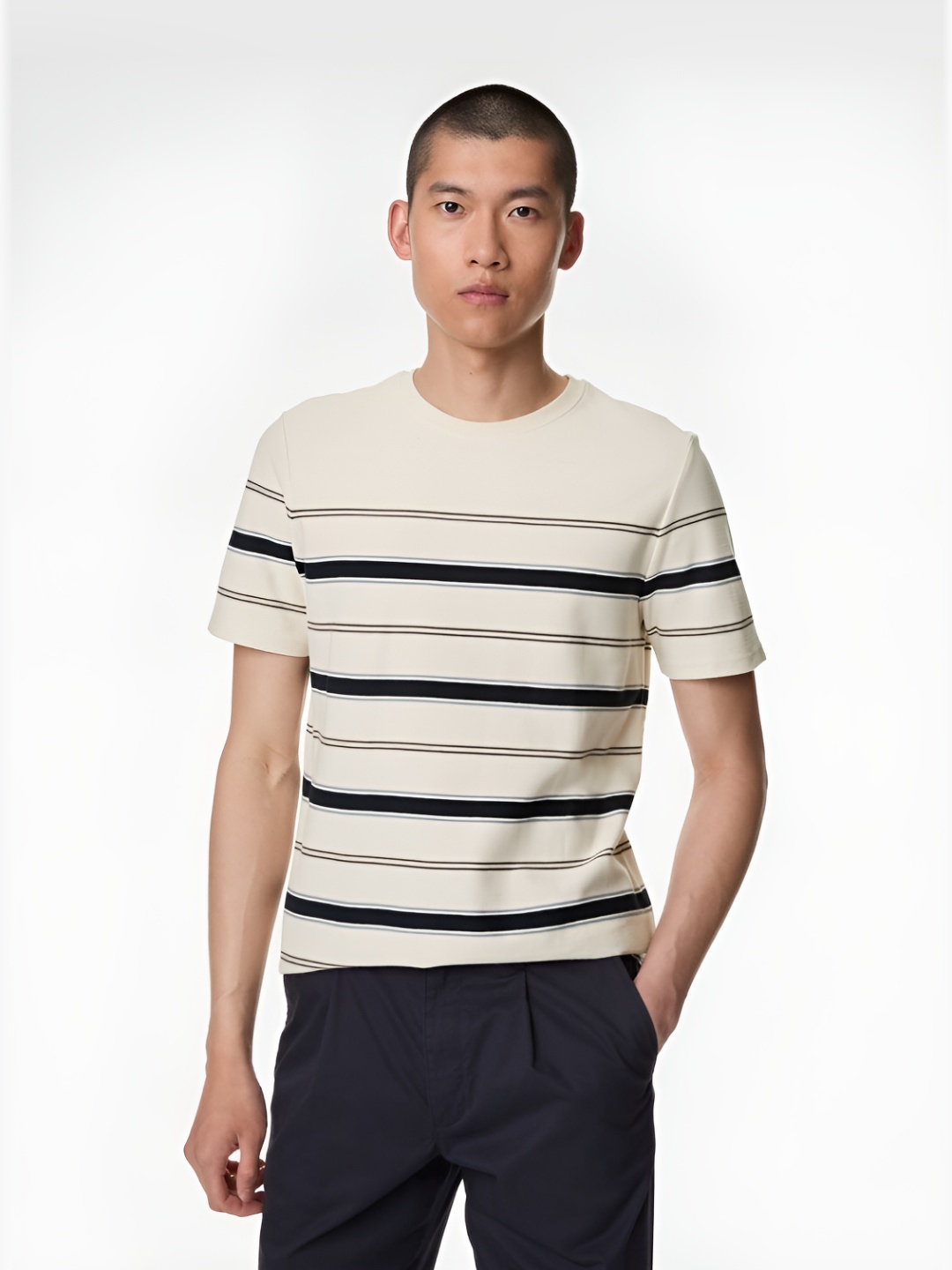 

Marks & Spencer Men Striped High Neck Cotton T-shirt, Beige
